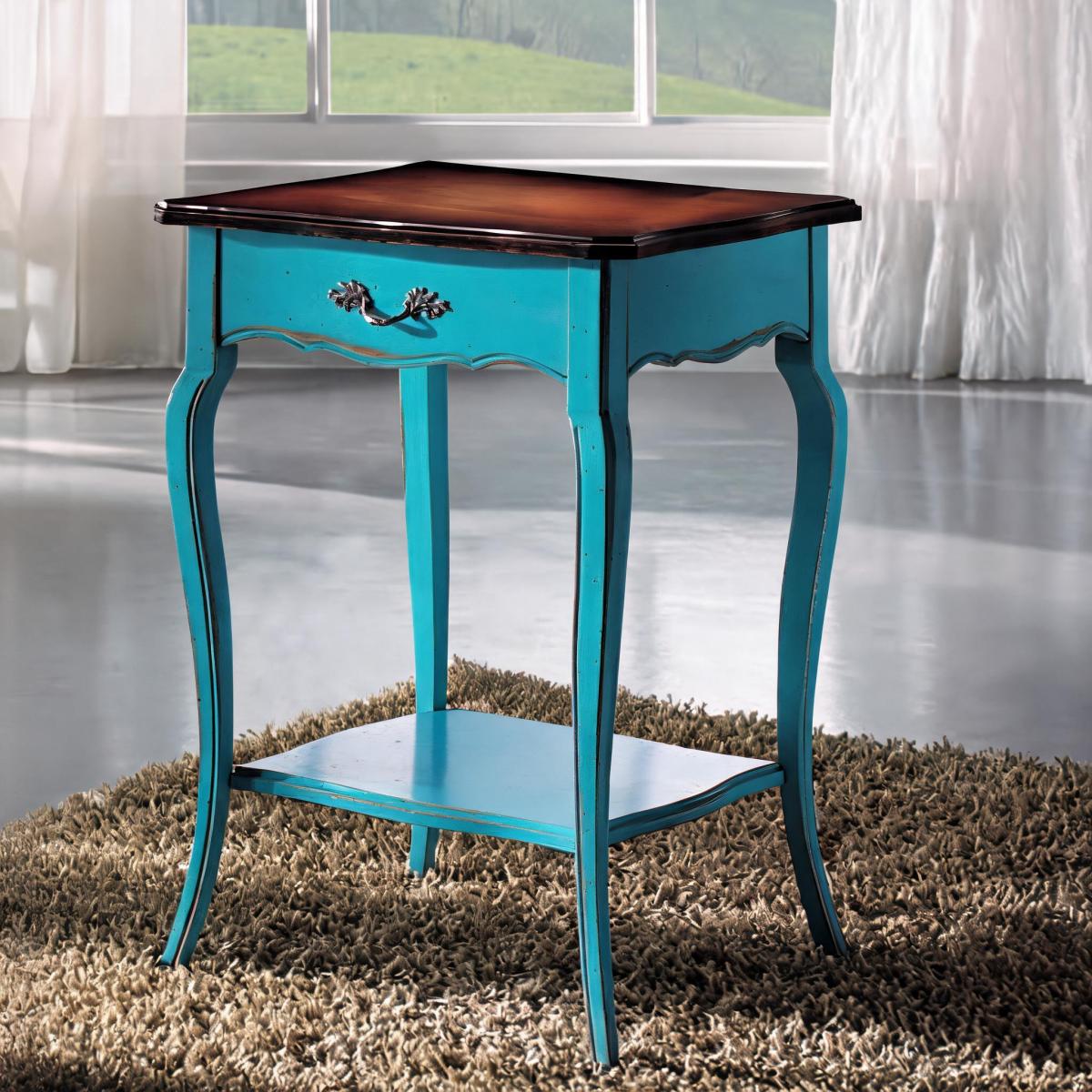 Luxury Designer Side Table with Walnut Top & Integrated Drawer in Turquoise Finish Front View by Luxury Group International