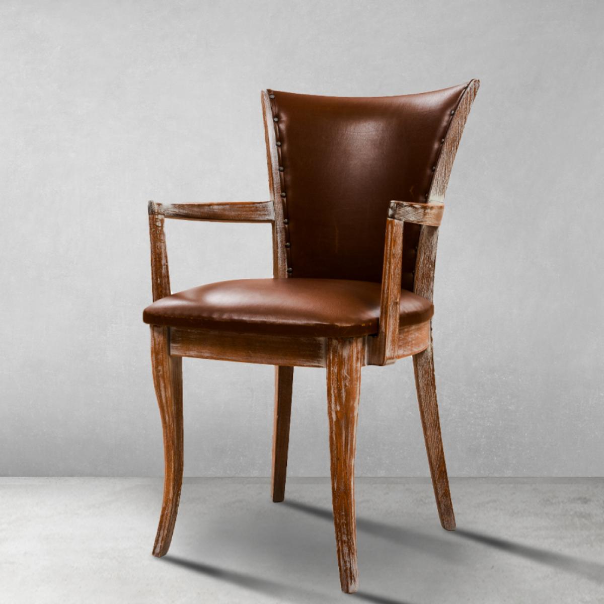 Luxury Distressed Wood Dining Armchair with Brown Leather Upholstery - Dining Room Furniture Front View by Luxury Group International