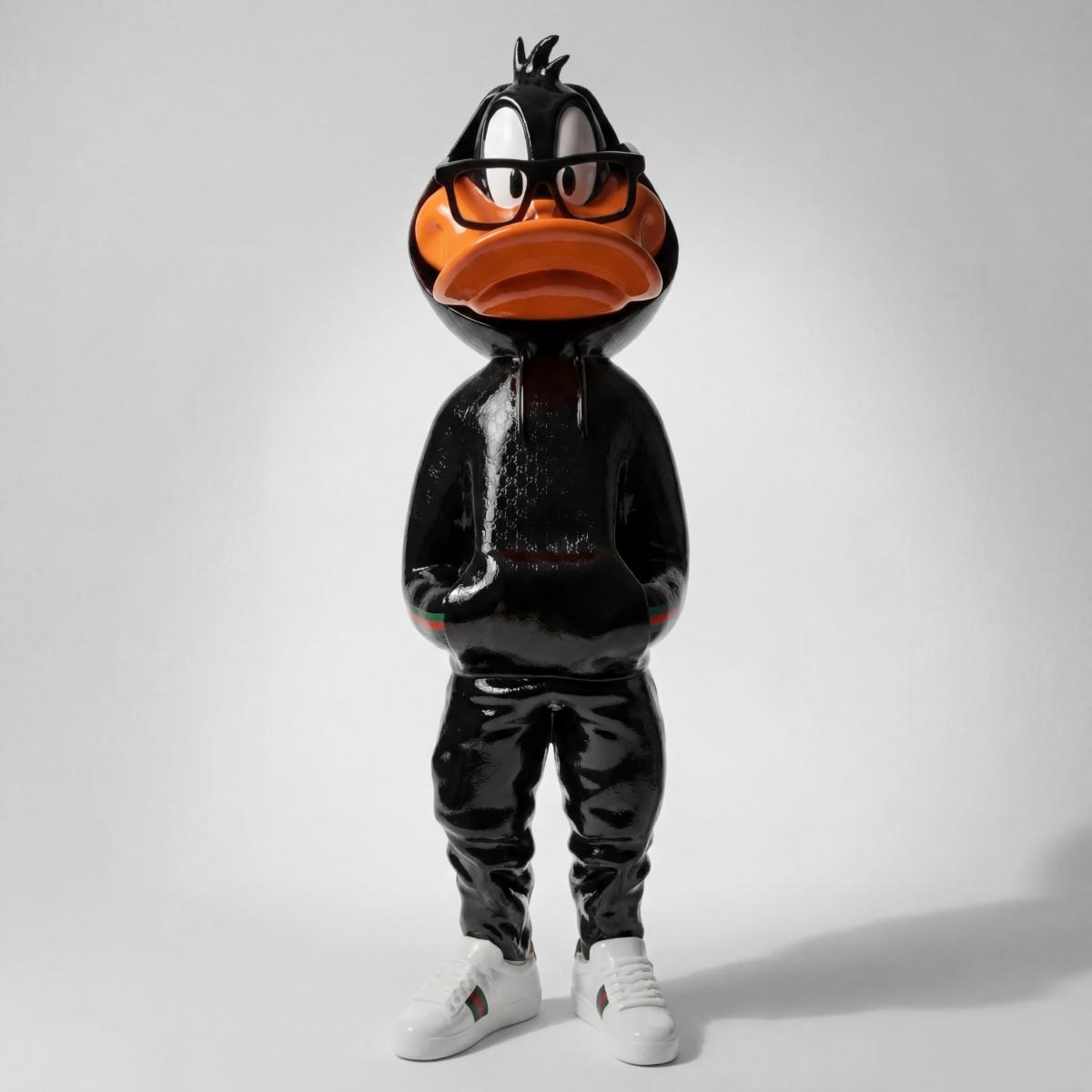 Luxury Duck Sculpture in Designer Tracksuit Style - Modern Sculpture Front View by Luxury Group International