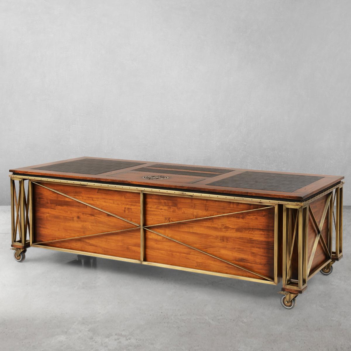 Bureau de direction de luxe avec cadre géométrique en laiton et plateau en cuir incrusté - Mobilier de bureau Vue de dos par Luxury Group International