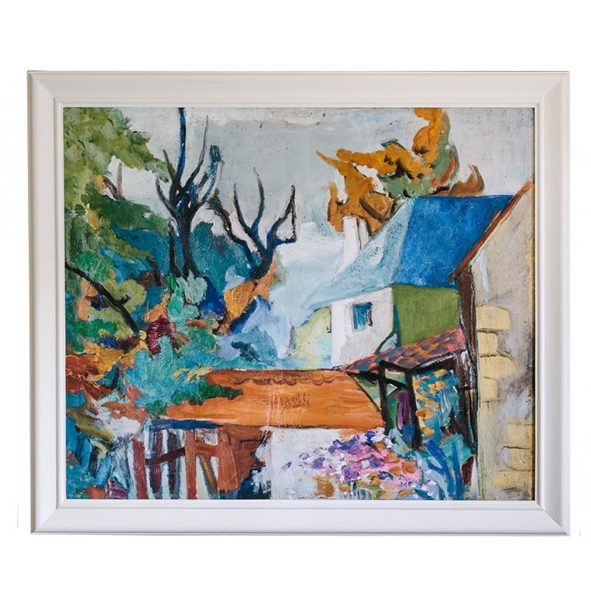 Luxuriöse, farbenfrohe Dorf-Landschafts-Wandkunst mit expressionistischer europäischer Landhausszene von Luxury Group International