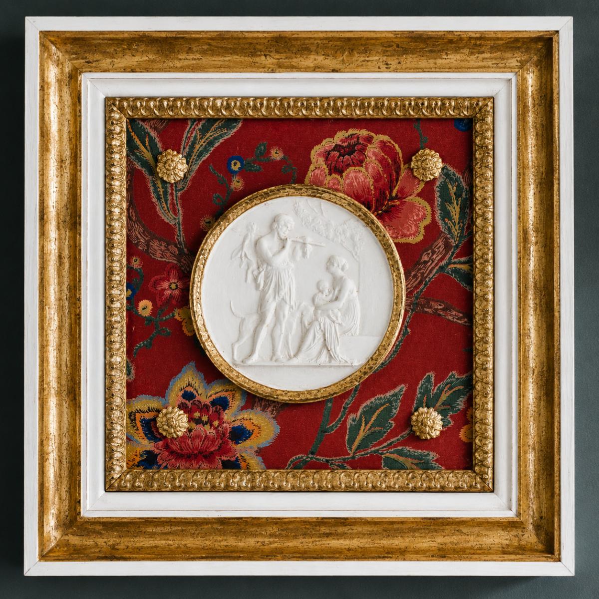 Luxury Floral Medallion Wall Art with Red Botanical Textile and Antique Gold Frame by Luxury Group International