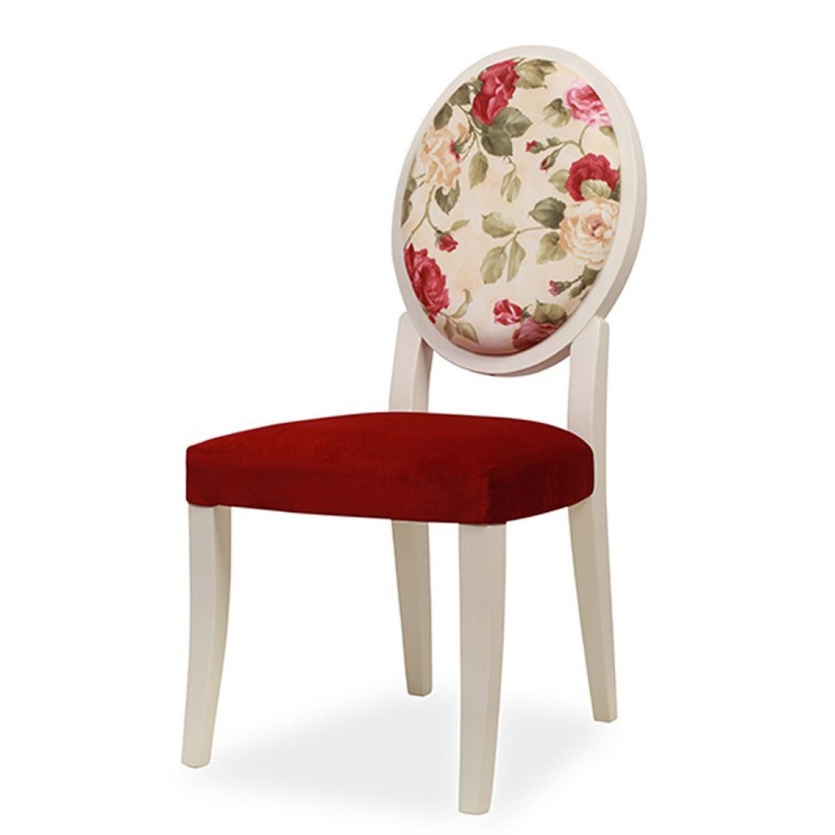 Luxury Floral Oval Back Dining Chair with Red Velvet Seat in Ivory Wooden Frame Front View by Luxury Group International