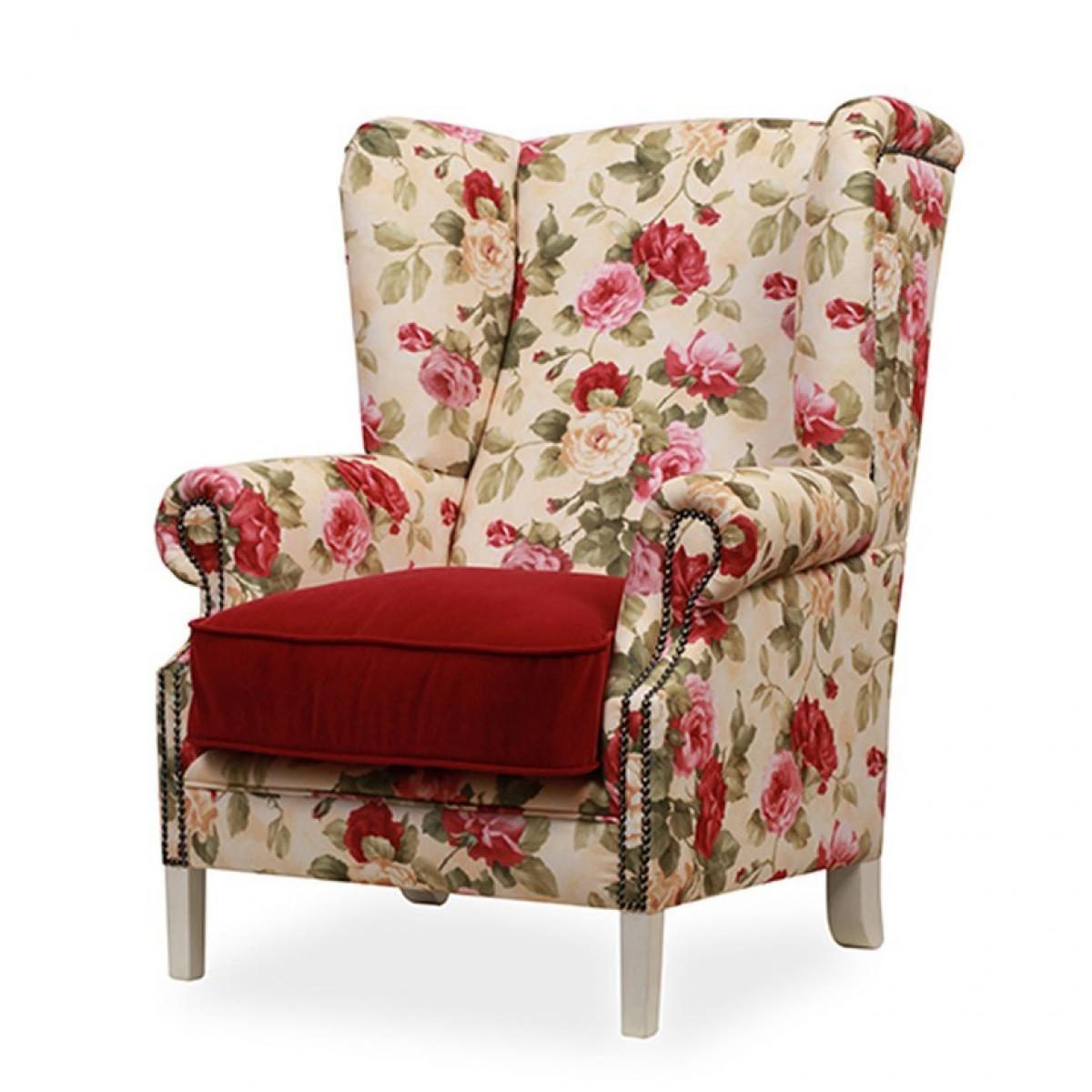 Luxuriöser Floral Wingback Sessel mit rotem Samtkissen Vorderansicht von Luxury Group International