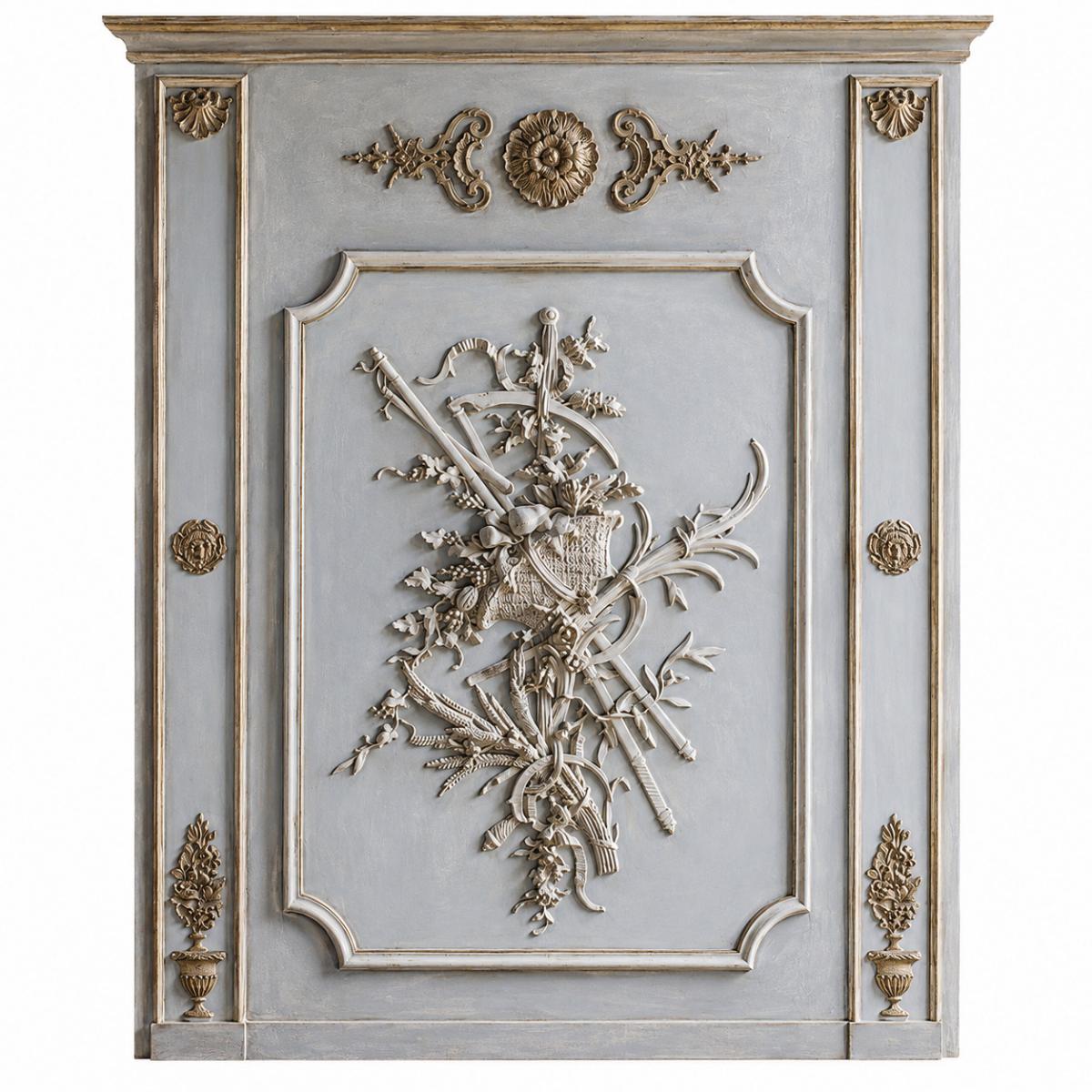 Luxury French Boiserie Relief Wall Art Panel with Antique Grey and Gold Accents by Luxury Group International