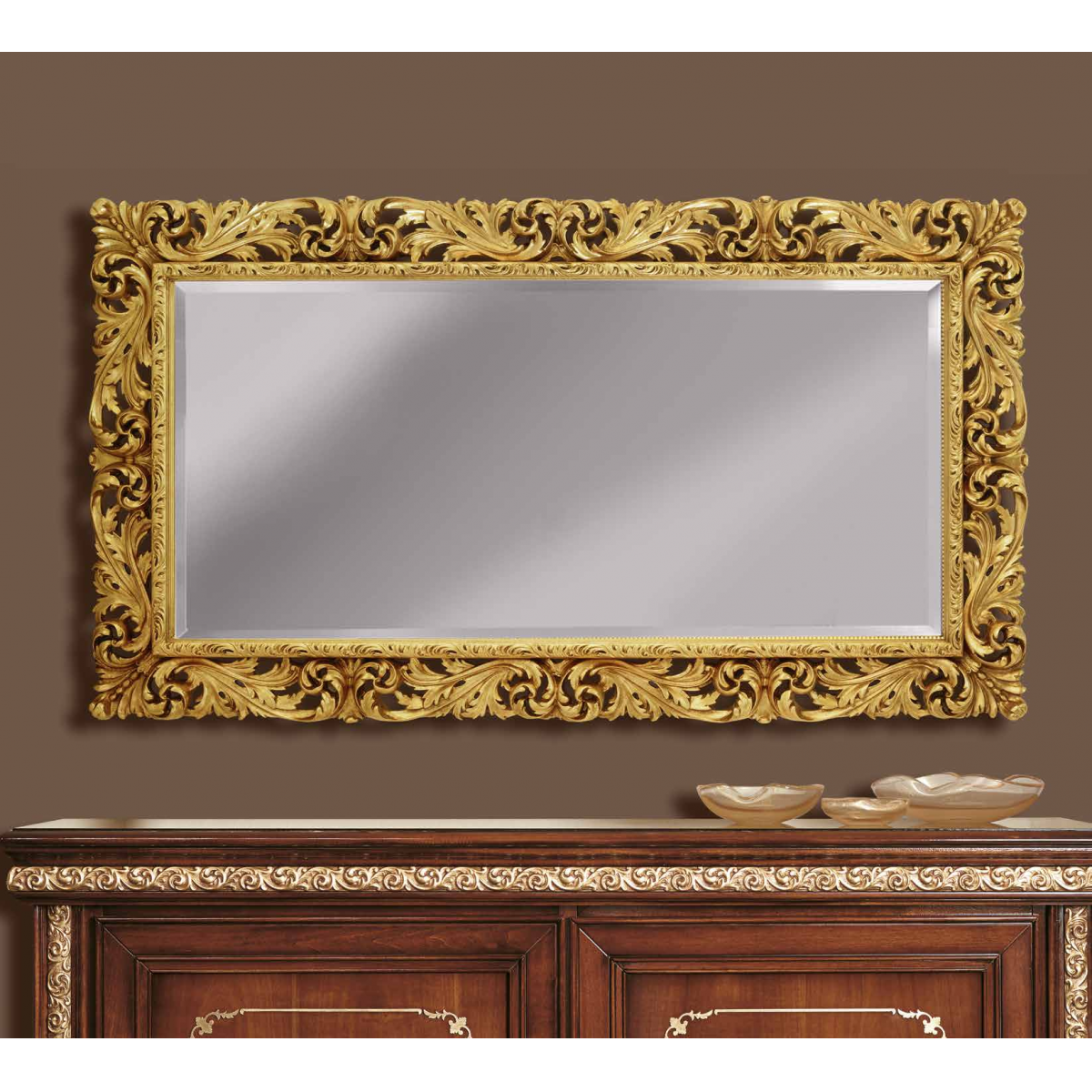Luxury Gold Baroque Wall Mirror with Double-Layer Scroll Frame and Botanical Relief – 200 CM by Luxury Group International