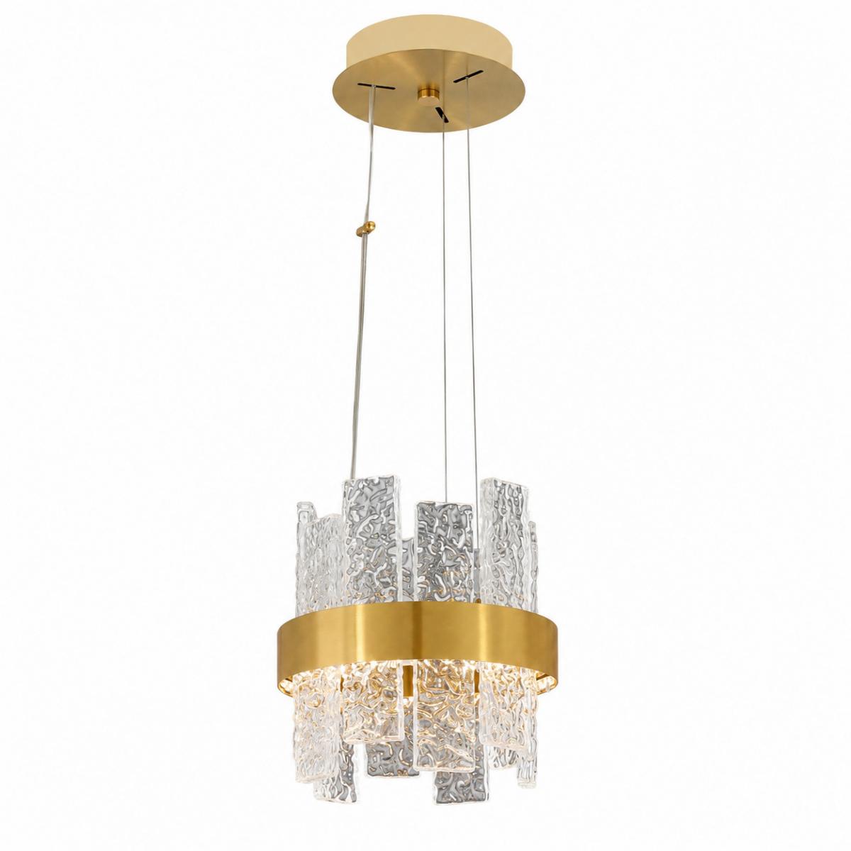 Luxus Gold Kristall Pendelleuchte mit strukturierten Glasplatten und goldener Baldachin von Luxury Group International