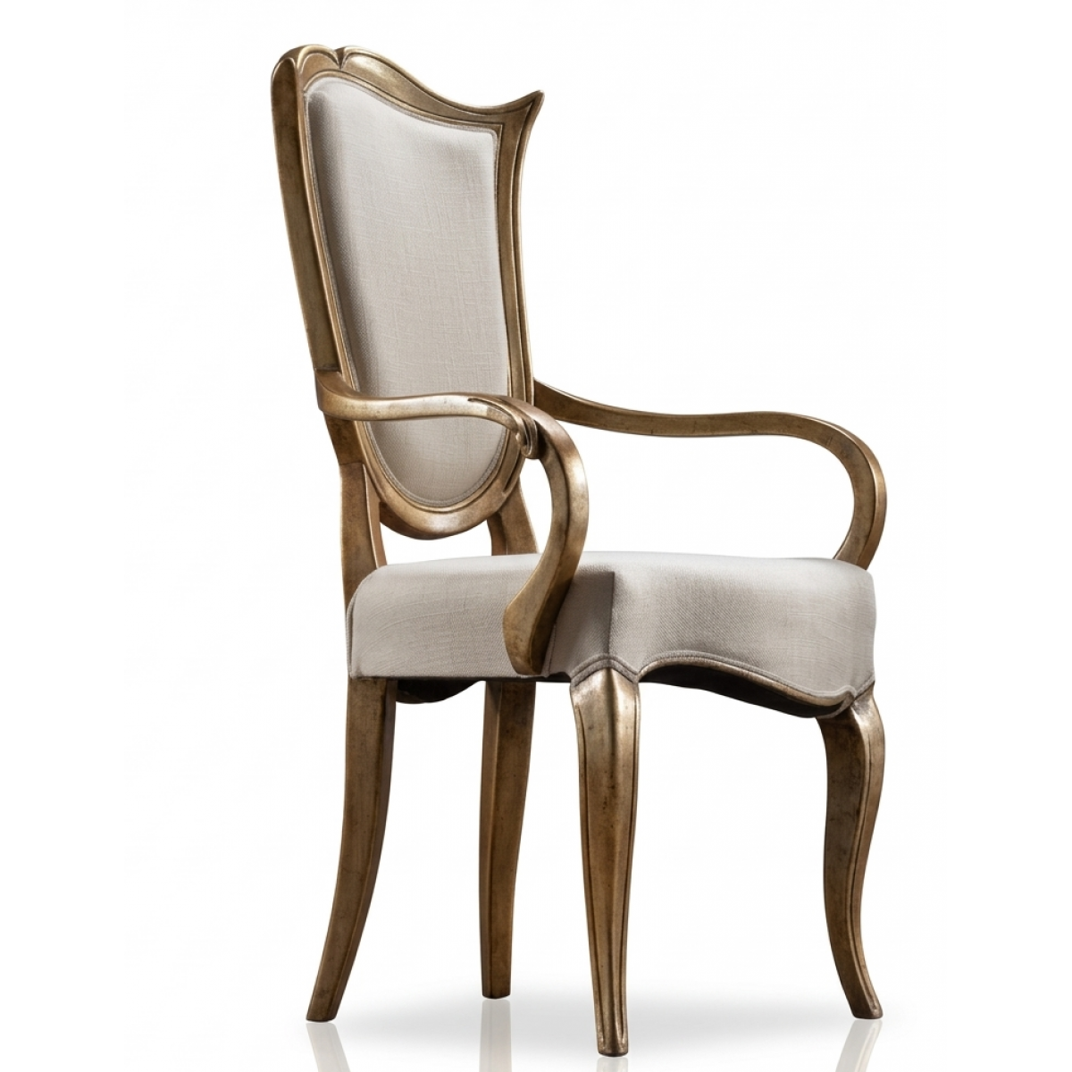 Luxury Gold Finish Upholstered Wooden Dining Armchair in Sculpted Frame with Ivory Fabric Seat - Dining Room Furniture Front View by Luxury Group International