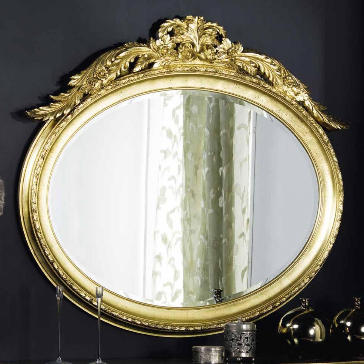 Luxury Gold Oval Baroque Wall Mirror with Grand Floral Leaf Crest - Baroque Mirror Front View by Luxury Group International