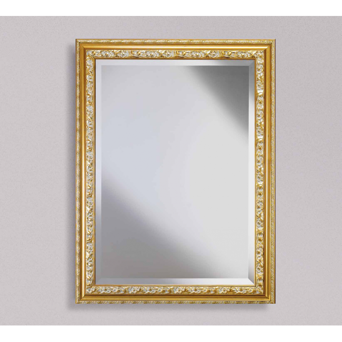 Luxury Gold & Silver Floral Scroll Baroque Wall Mirror with Hand-Carved Relief Frame & Bevelled Glass Front View by Luxury Group International