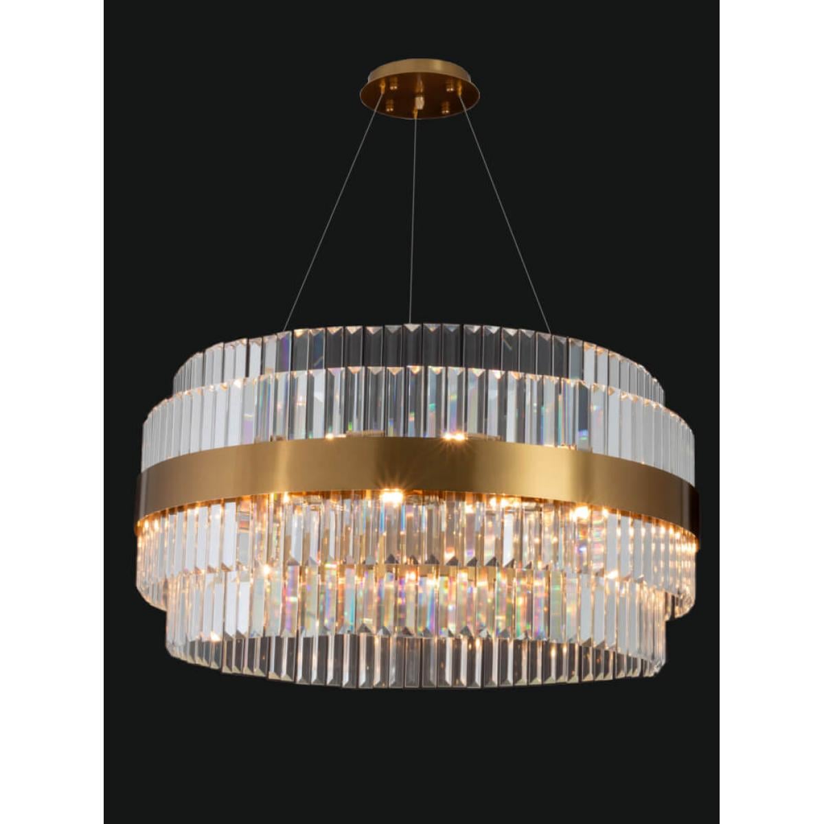 Luxuriöser goldener runder Rahmen Art Deco geschichteter Kristall-Kronleuchter mit Halo-Design von Luxury Group International