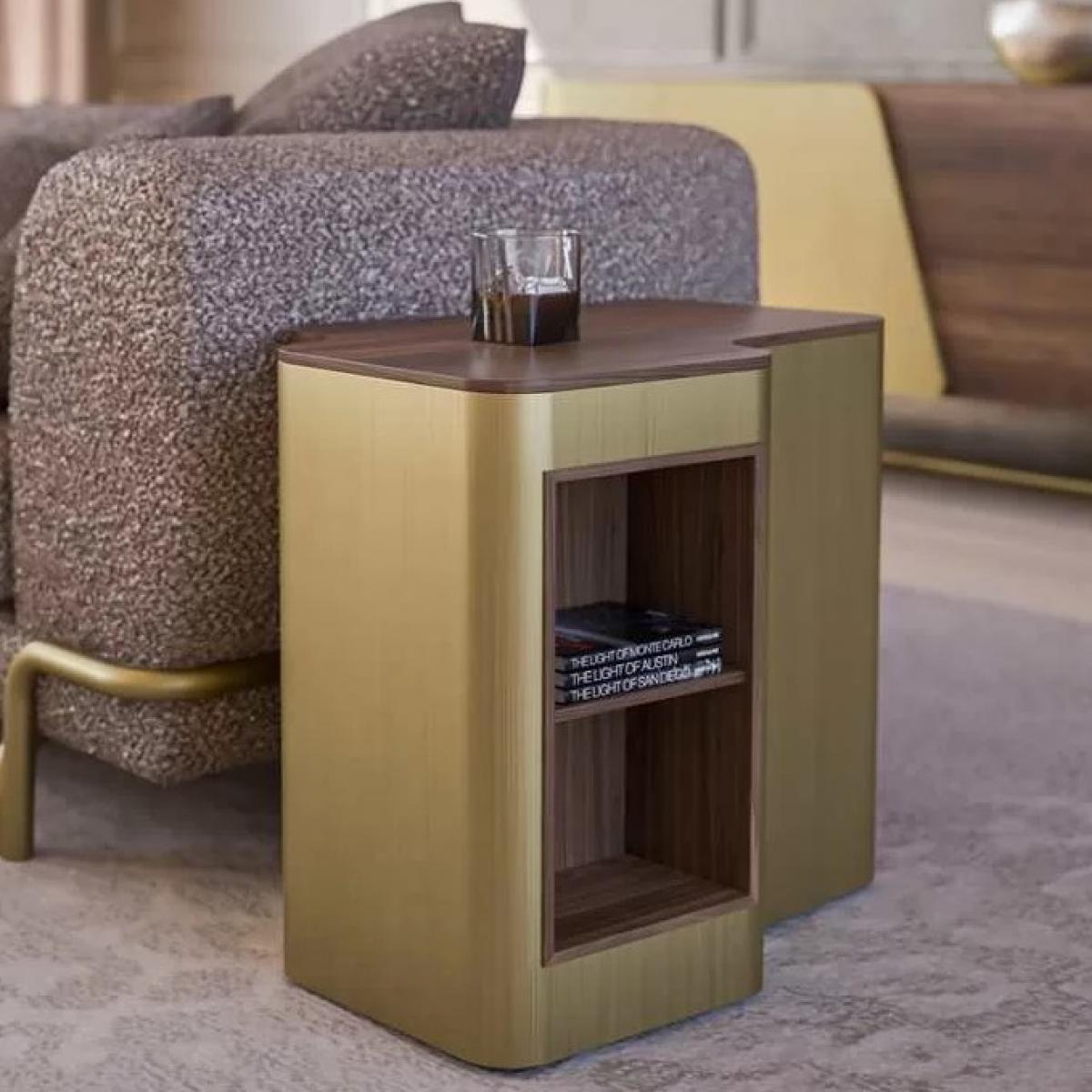 Luxury Modern side table in golden brushed metal with brown wooden top by Luxury Group International