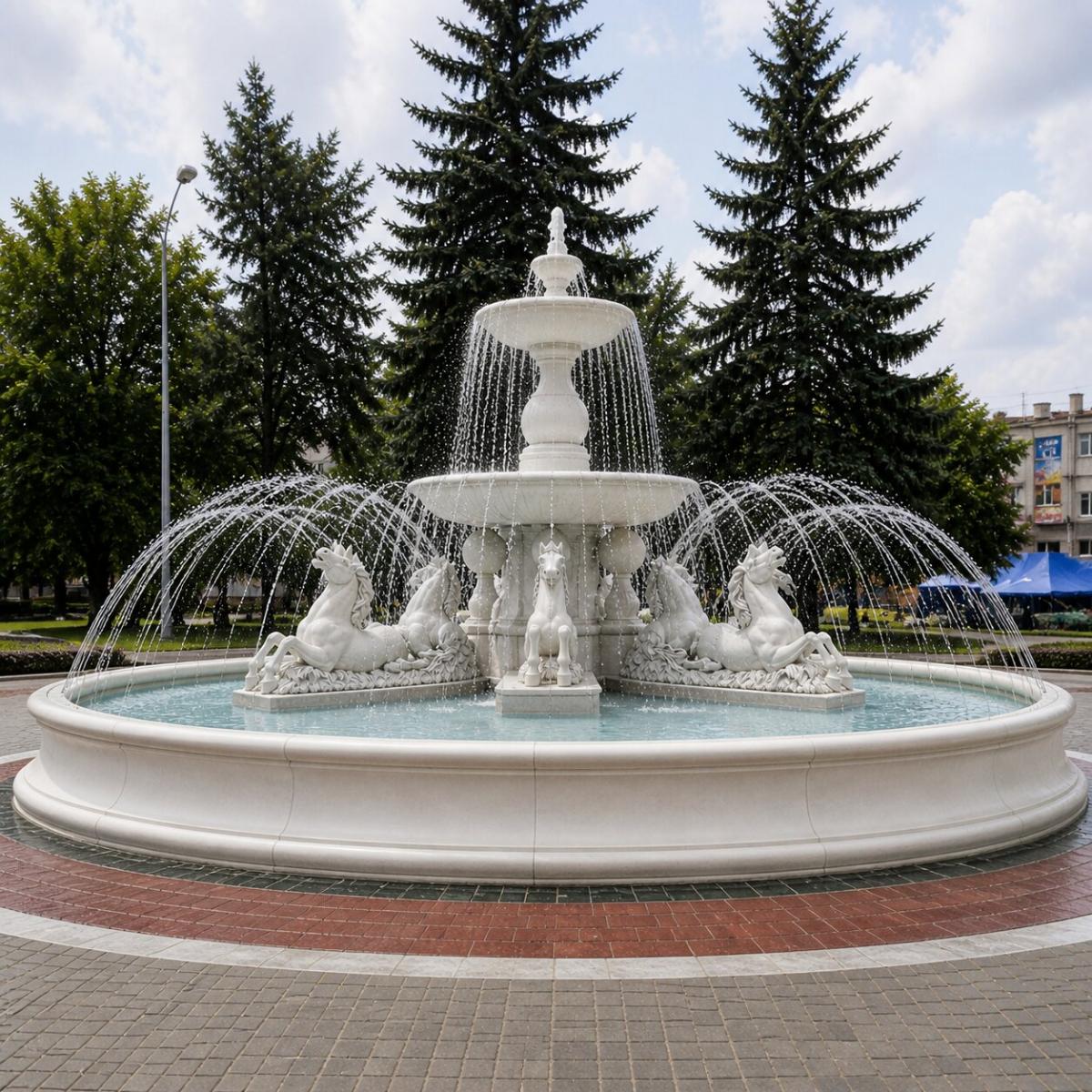 Luxury Grand Baroque Water Fountain with Sculpted Horse Figures & Multi-Tier Cascade - Baroque Fountain Front View by Luxury Group International