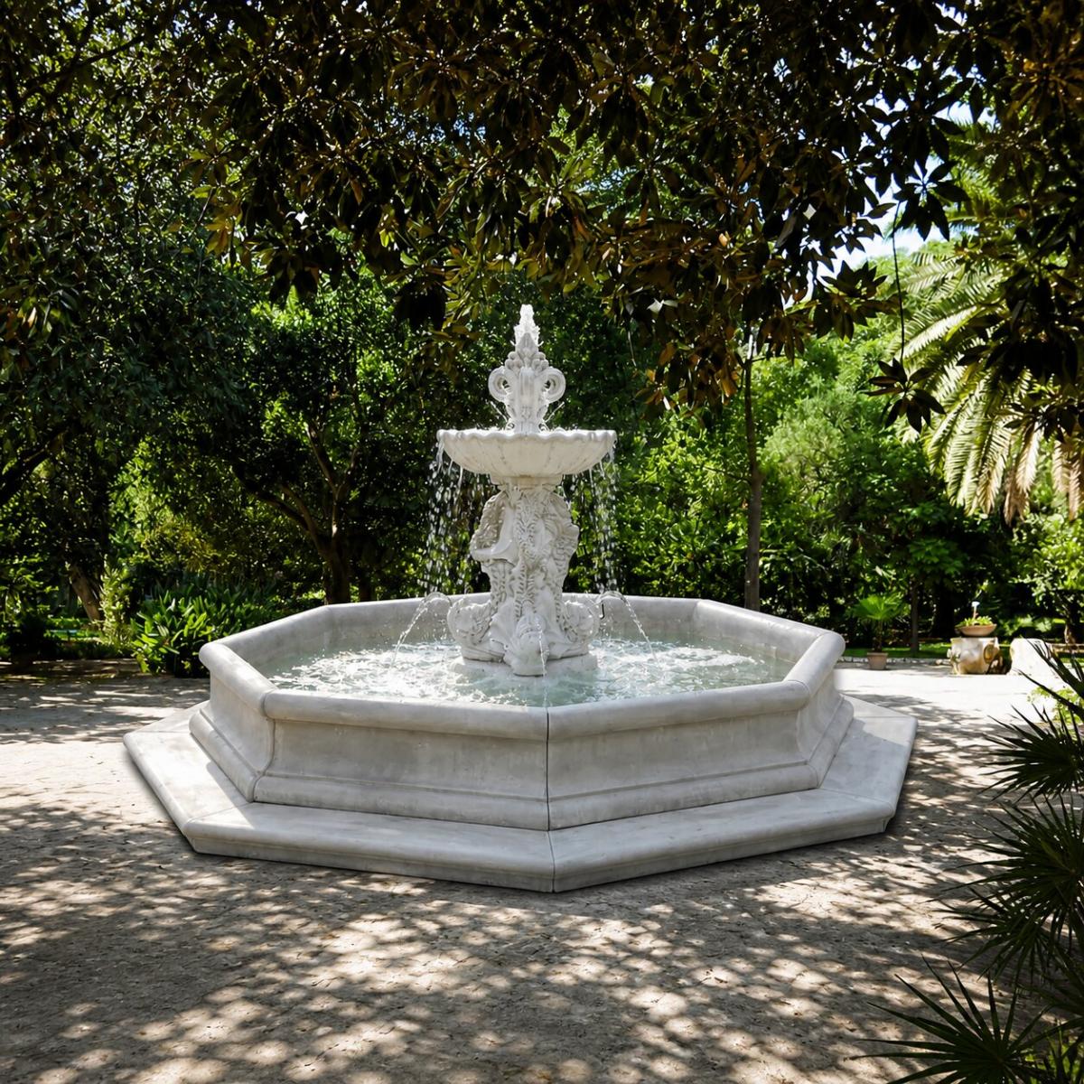 Luxury Grand Tiered Baroque Water Fountain with Sculpted Fish Motif Base - Baroque Fountain Front View by Luxury Group International