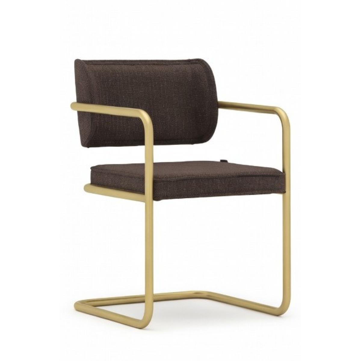 Luxury Dark Brown Upholstered Dining Chair with Armrest in Vintage Gold Finish Side View by Luxury Group International