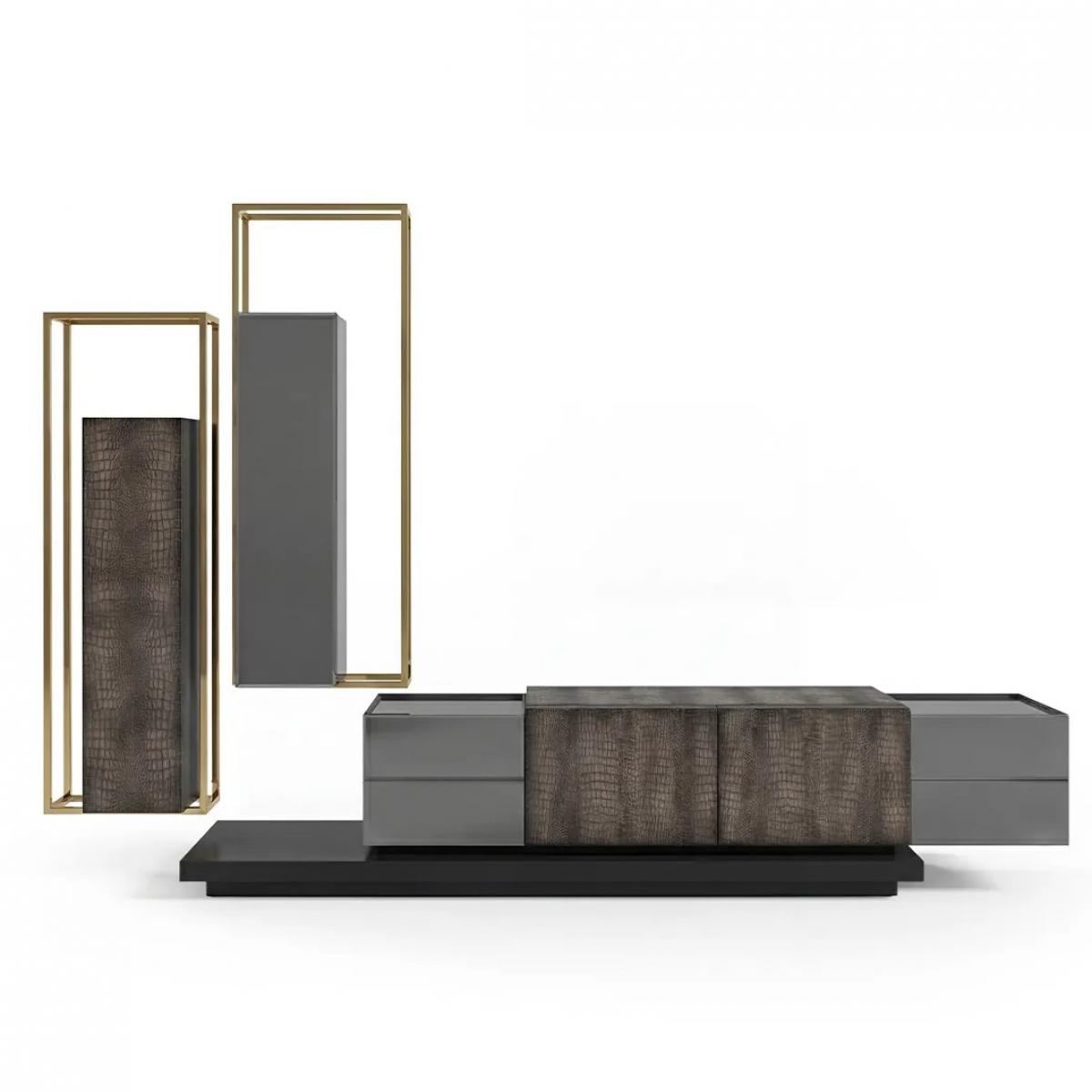 Meuble TV moderne gris luxe avec cadre doré accentué par Luxury Group International