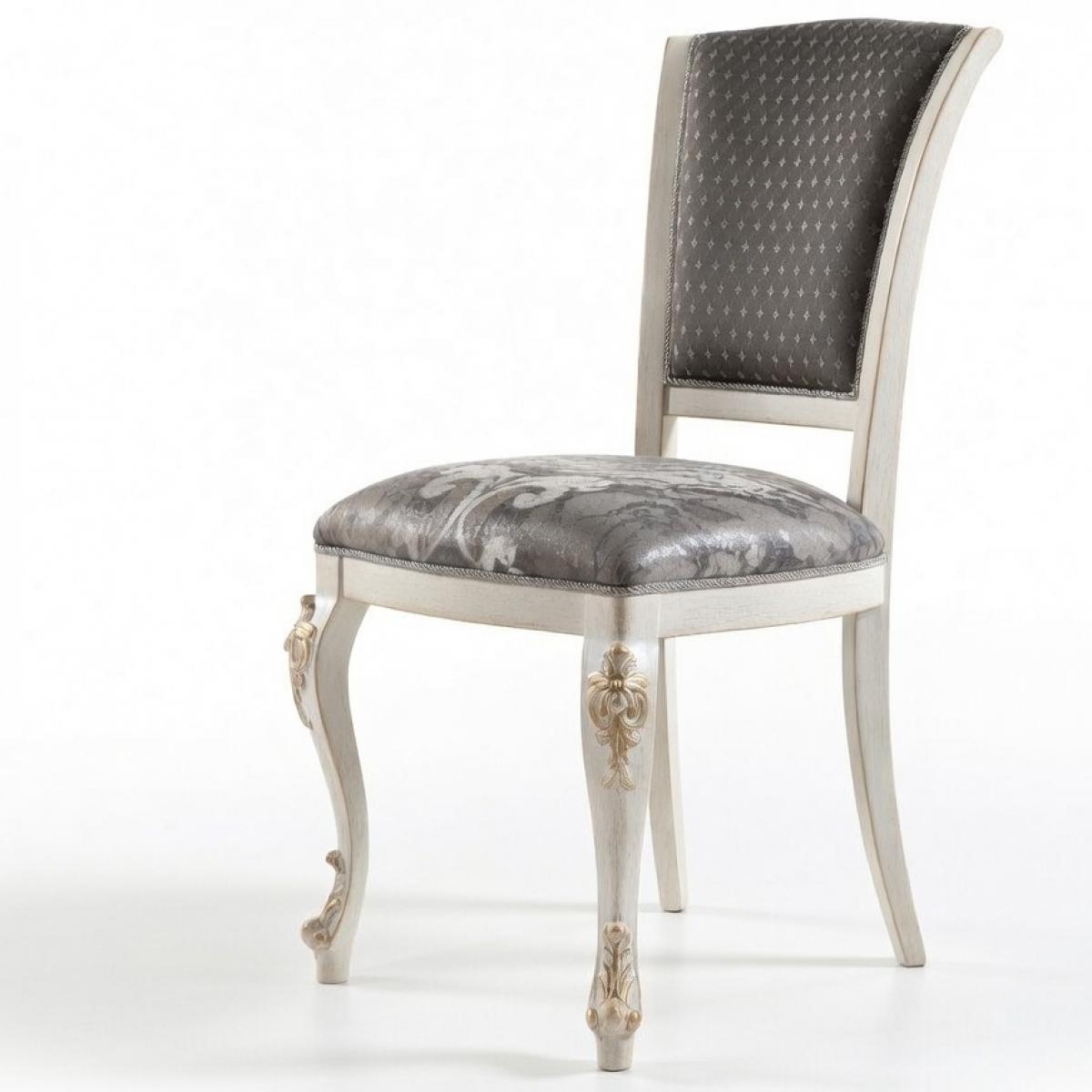 Luxury Grey Upholstered Dining Chair with Gold Carved Cabriole Legs in Ivory Distressed Wooden Frame Side View by Luxury Group International