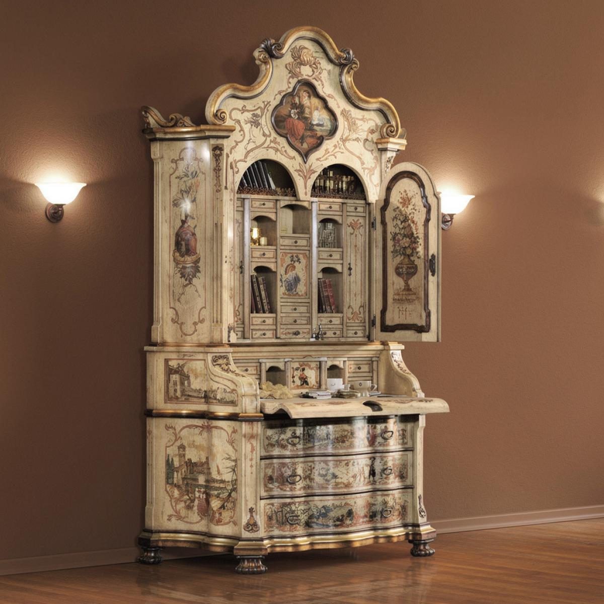 Armoire baroque vénitienne de luxe peinte à la main avec secrétaire à abattant et rangement multi-tiroirs Vue de face par Luxury Group International