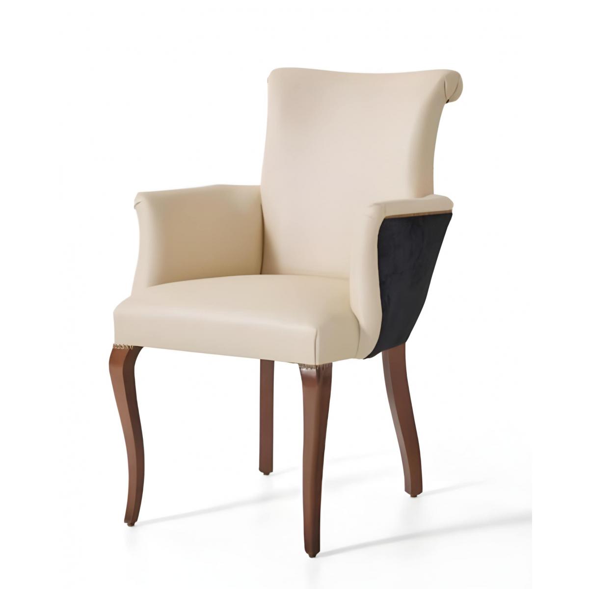 Luxury High Back Upholstered Dining Armchair in Cream Beige with Walnut Wood Legs and Contrast Panel by Luxury Group International