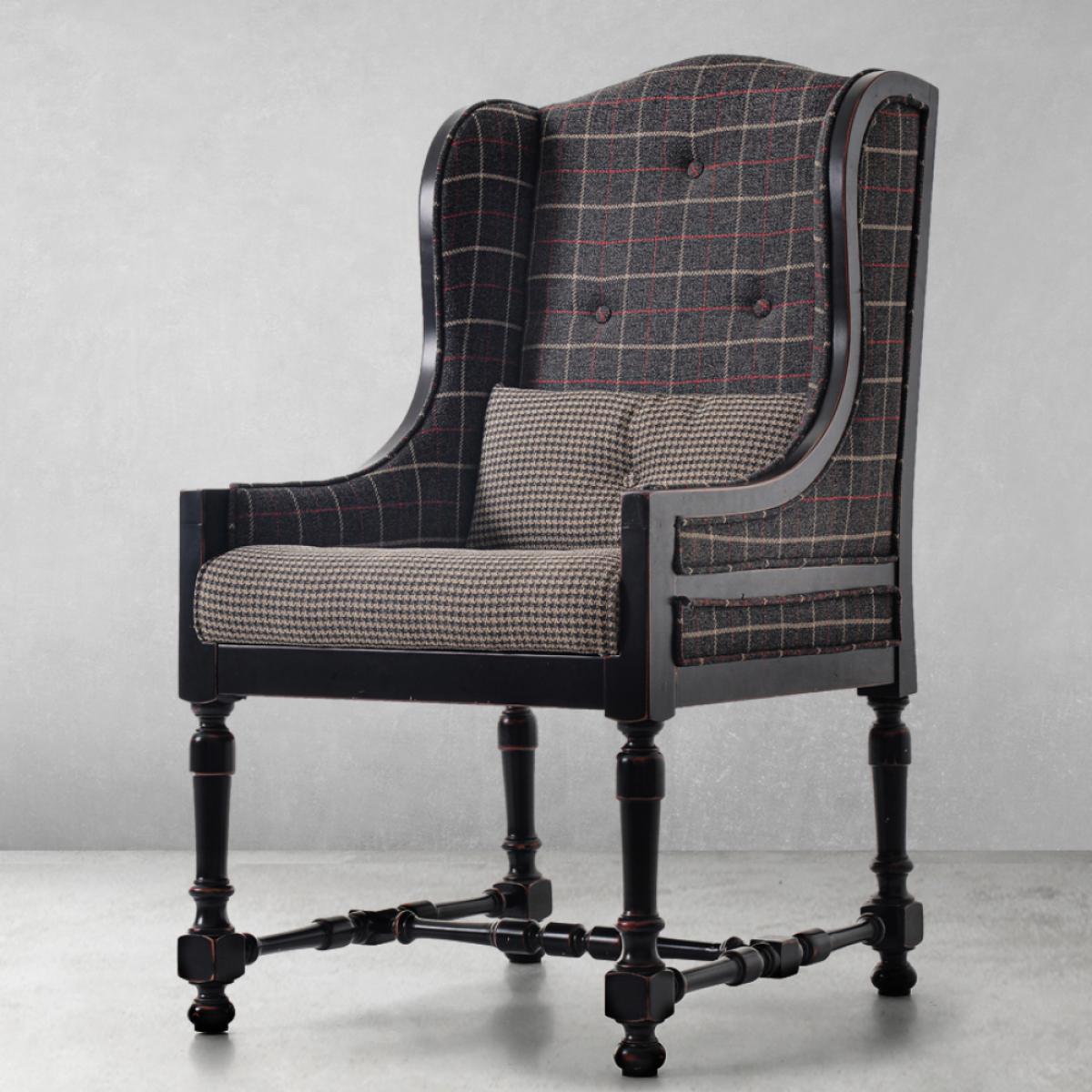 Luxury Highland Wingback Upholstered Armchair with Checkered Fabric - Living Room Furniture Front View by Luxury Group International