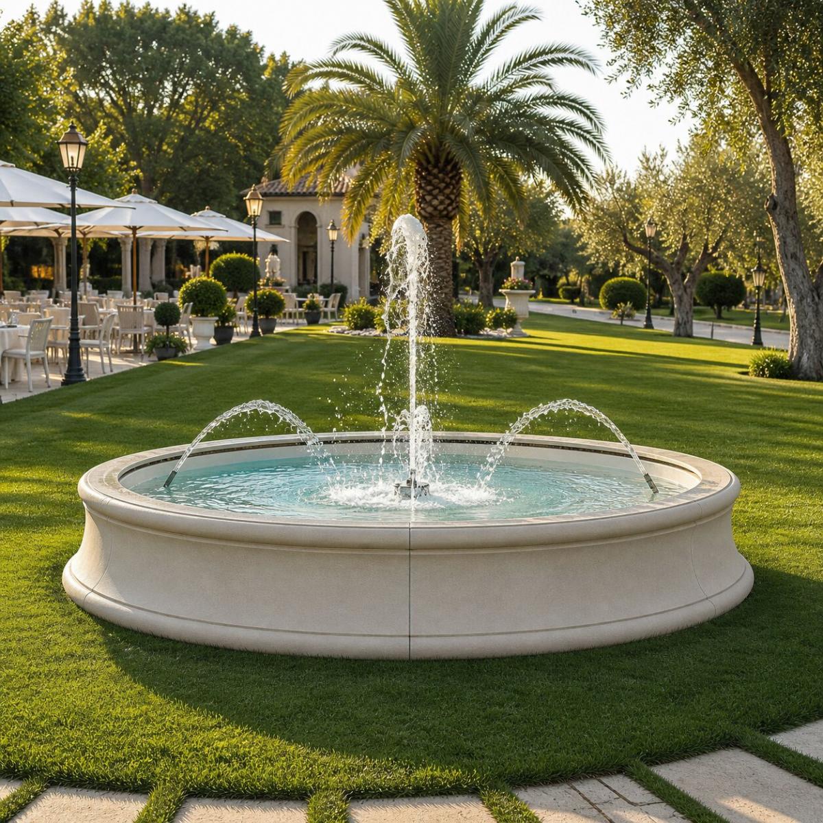 Luxus Illuminierte Runde Barock-Wasserfontäne mit Zentralstrahl und Bogen-Ausläufen – Barockbrunnen Vorderansicht von Luxury Group International