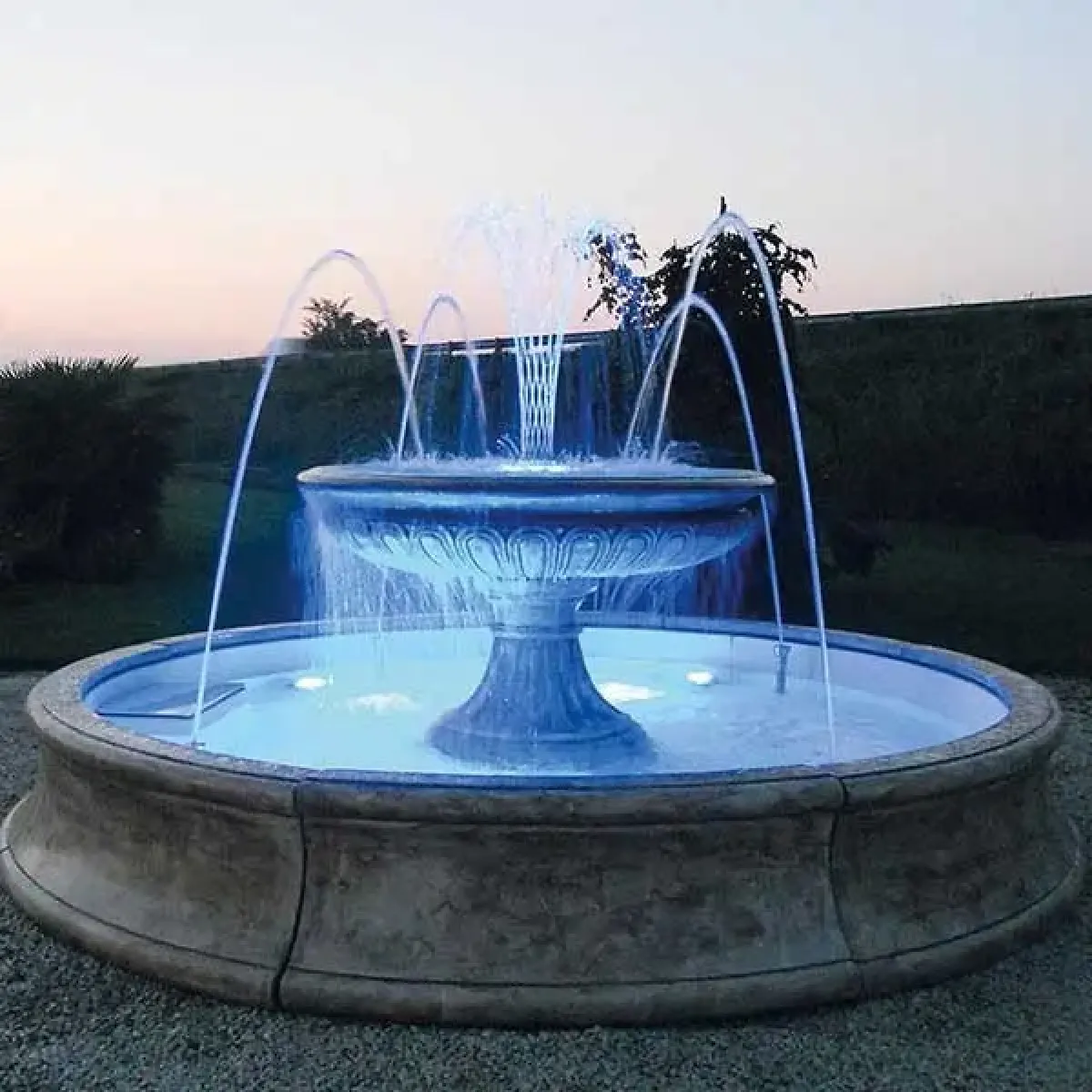 Luxury Illuminated Tiered Baroque Water Fountain with Central Bowl Cascade and Arc Jets - Baroque Fountain Front View by Luxury Group International