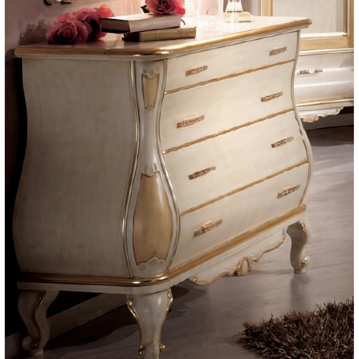 Luxury Ivory Baroque Chest of Drawers with Gold Accent with Curved Multi Drawer Storage Front View by Luxury Group International