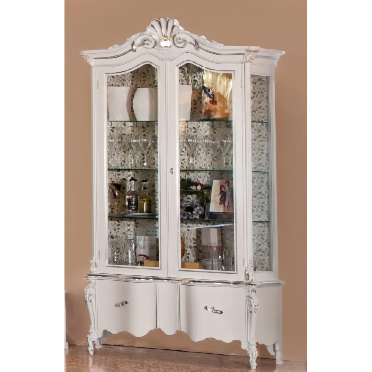 Luxury Ivory Baroque Double Door Glass Display Cabinet with Sculpted Crown Crest & Decorative Storage Base Front View by Luxury Group International