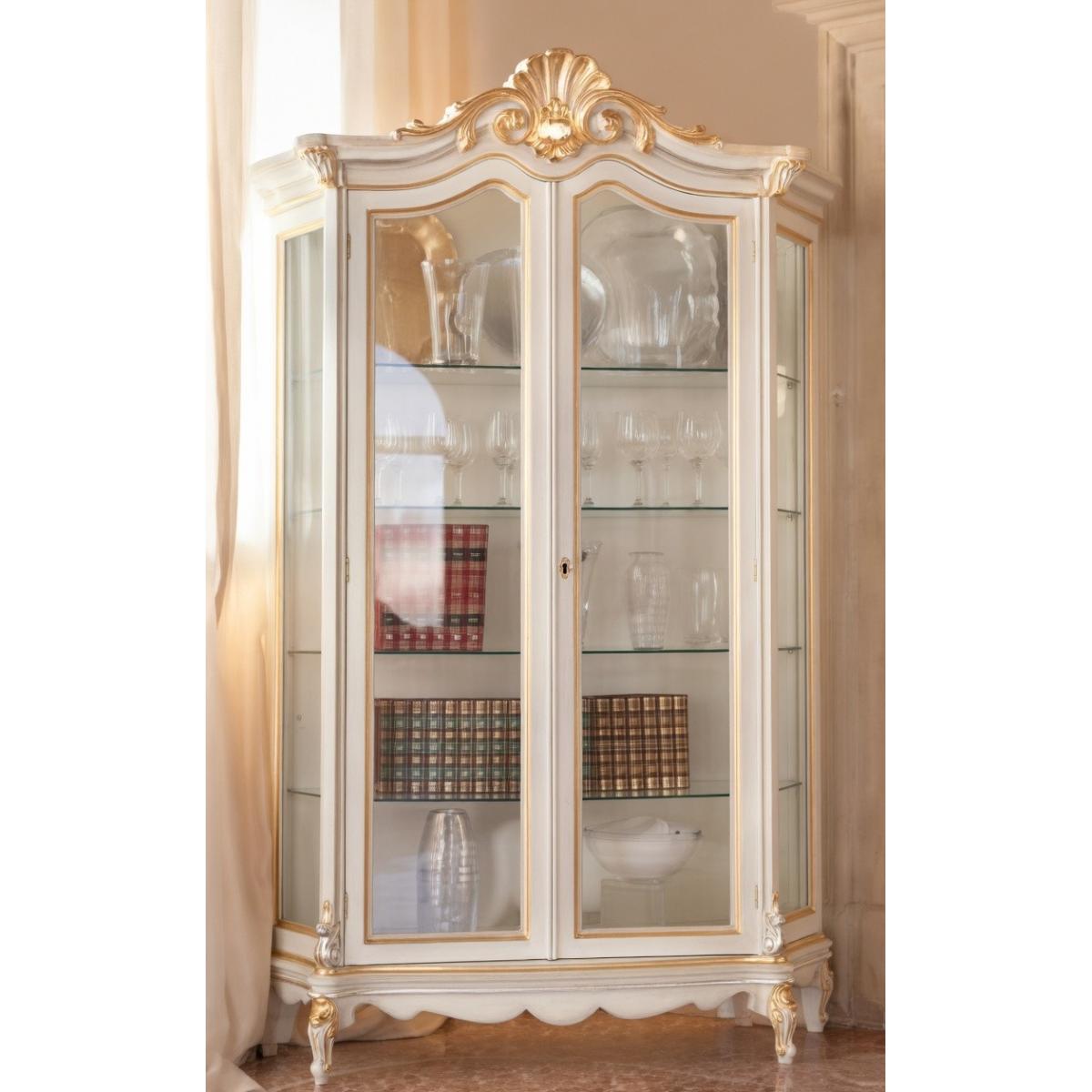 Luxury Ivory Baroque Double Door Glass Display Cabinet with Sculpted Crown Crest & Golden Trim Accents Front View by Luxury Group International