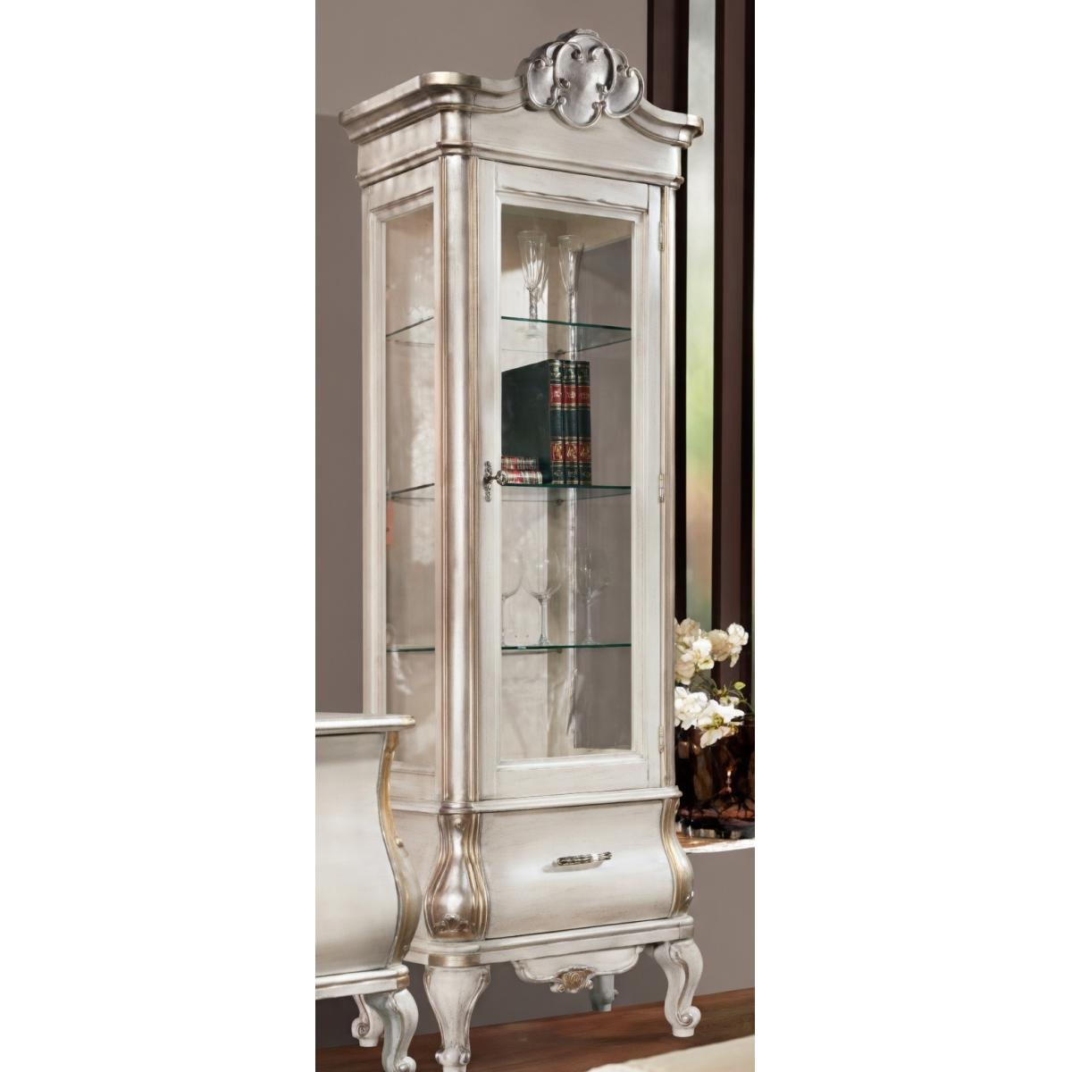Luxury Ivory Baroque Glass Display Cabinet in Silver Accent with Sculpted Crest & Curved Storage Base Front View by Luxury Group International