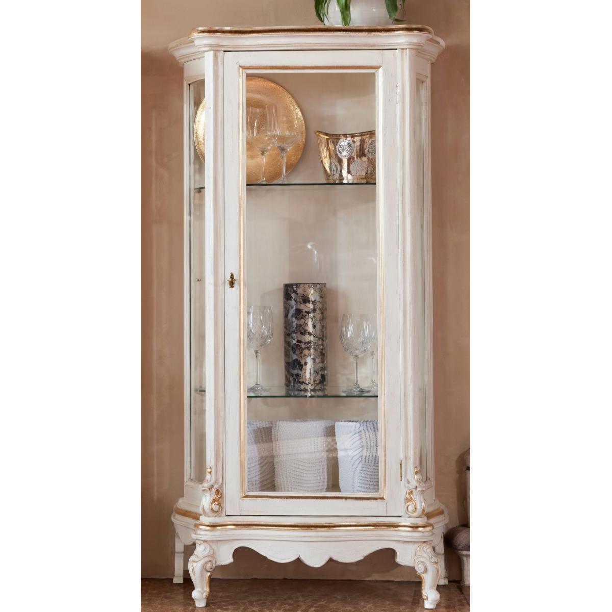 Luxury Ivory Baroque Single Door Glass Display Cabinet with Golden Trim & Sculpted Legs Front View by Luxury Group International