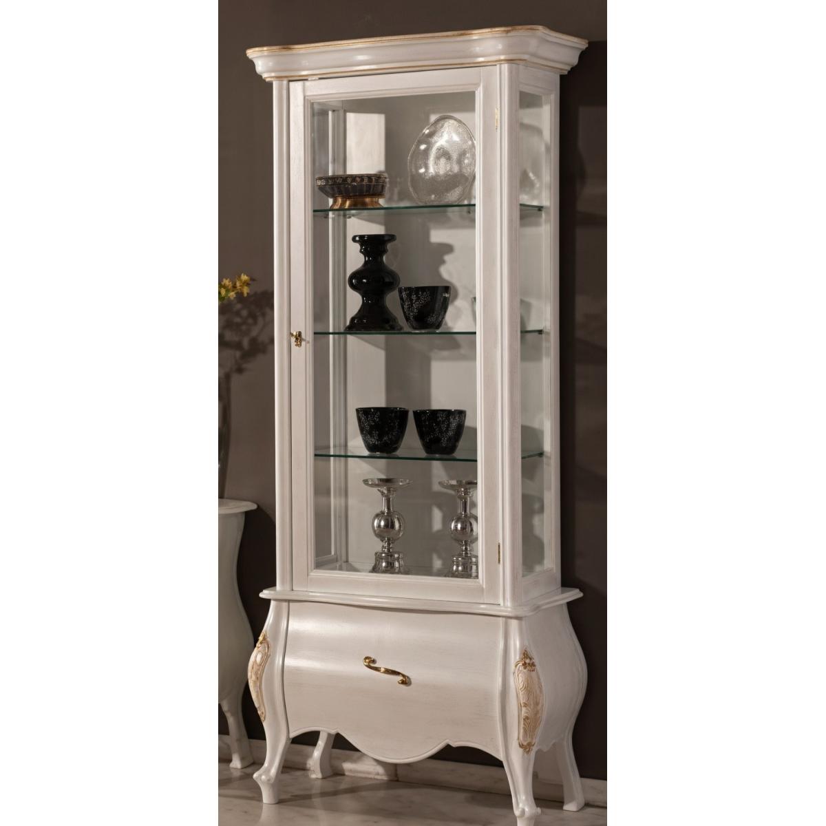 Luxury Ivory Baroque Single Door Glass Display Cabinet with Golden Trim & Single Drawer Storage Unit Front View by Luxury Group International