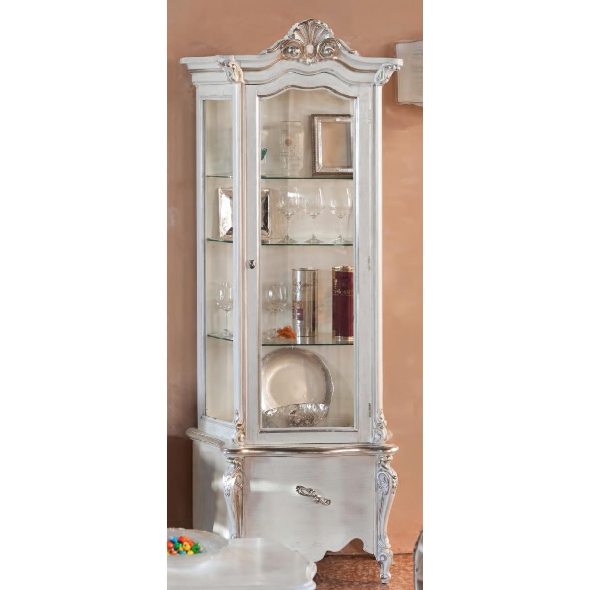 Luxury Ivory Baroque Single Door Glass Display Cabinet with Sculpted Crown Crest & Single Drawer Storage Unit Front View by Luxury Group International