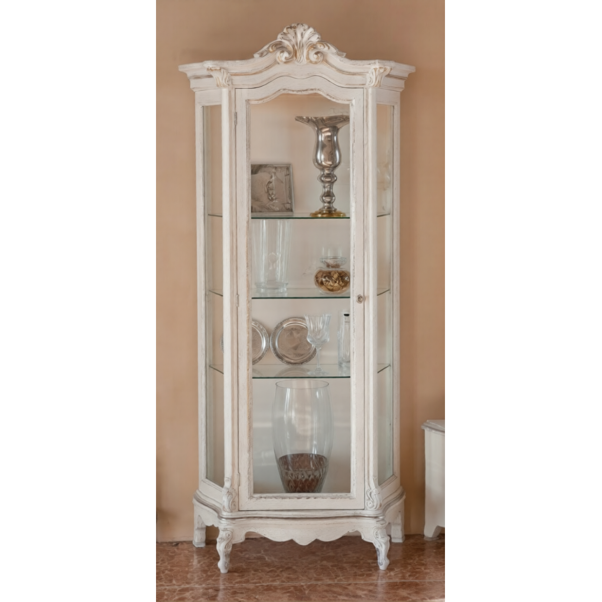 Luxury Ivory Baroque Single Door Glass Display Cabinet with Sculpted Crown Pediment Front View by Luxury Group International