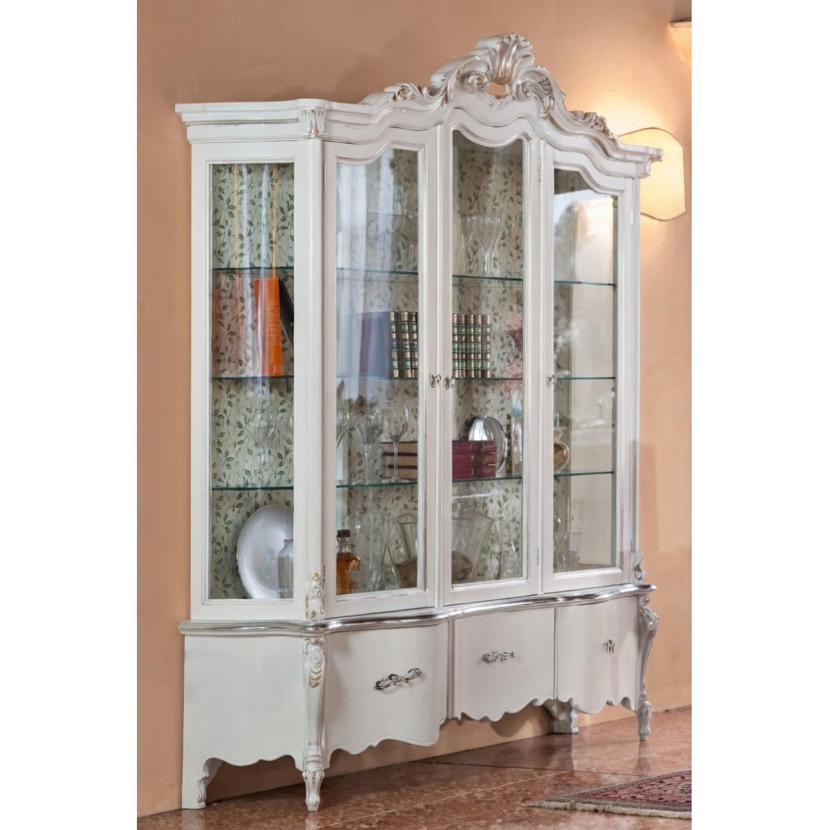 Luxury Ivory Baroque Three Door Glass Display Cabinet with Sculpted Crown Crest & Storage Console Base Front View by Luxury Group International