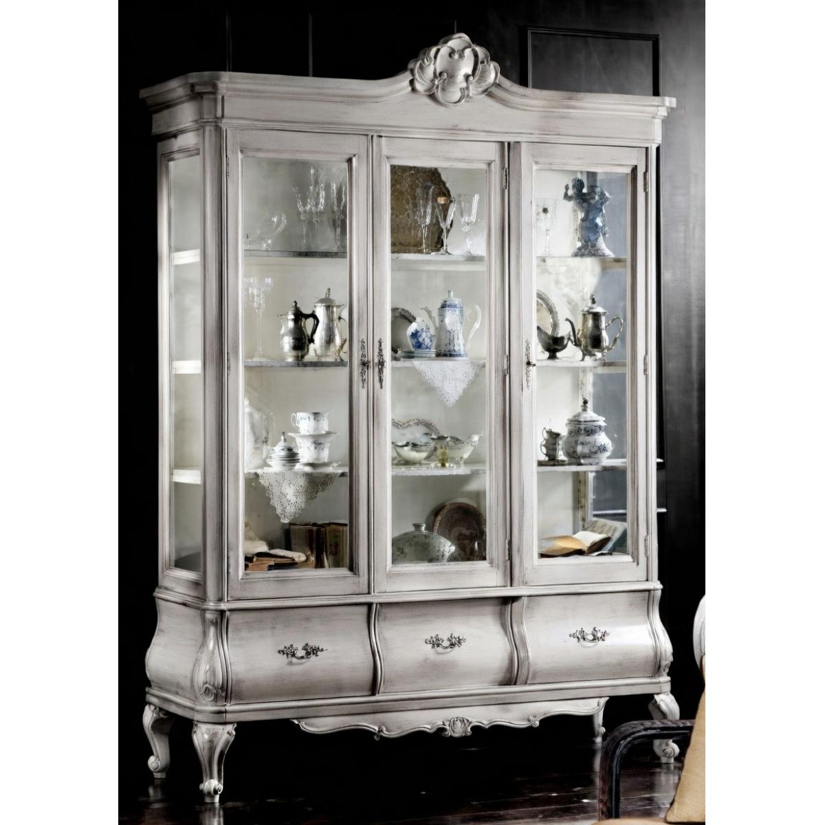 Luxury Ivory Baroque Triple Door Glass Display Cabinet with Sculpted Crest & Curved Storage Base Front View by Luxury Group International