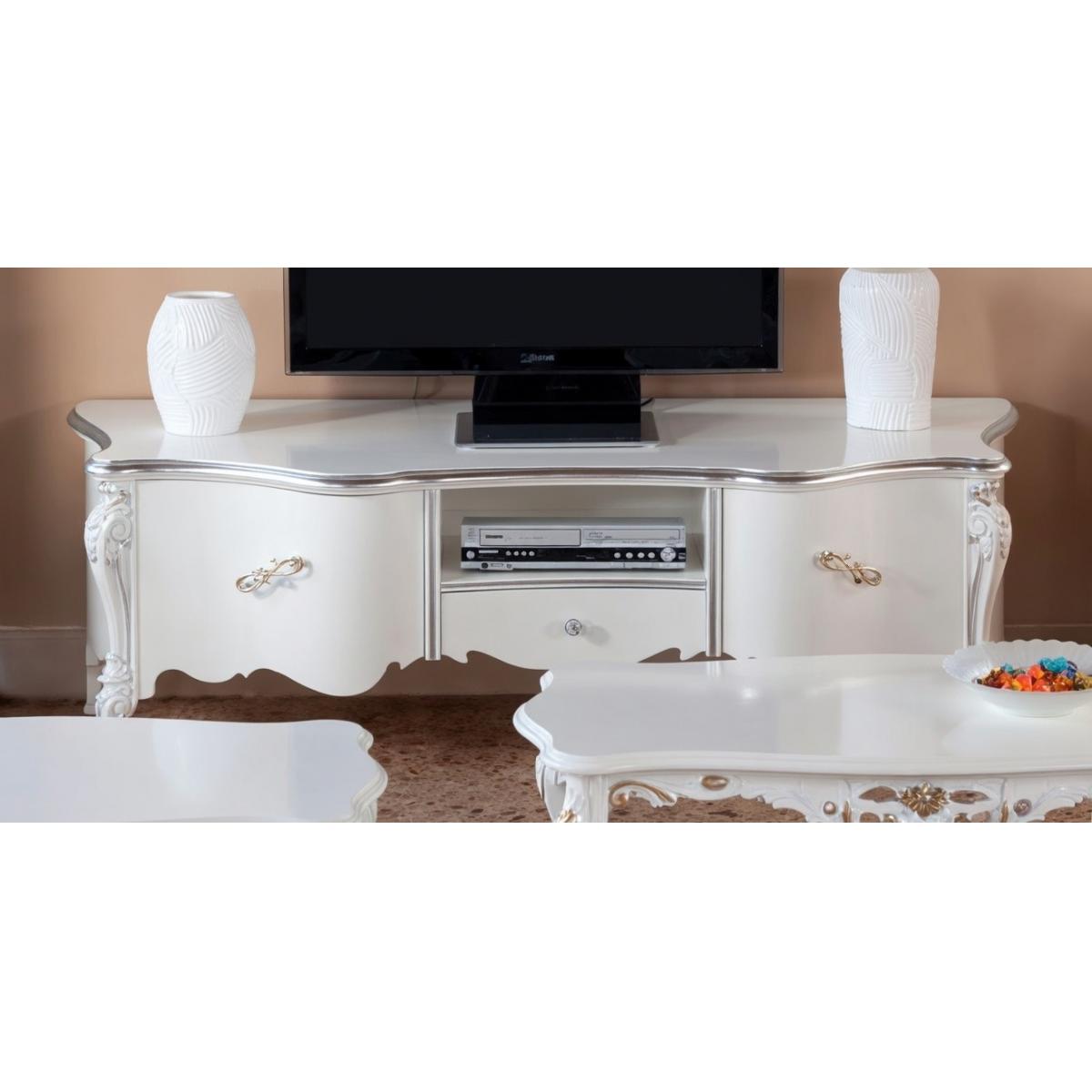 Luxury Ivory Baroque TV Console with Open Display Shelf Drawer & Carved Storage Panels – 185 CM Front View by Luxury Group International