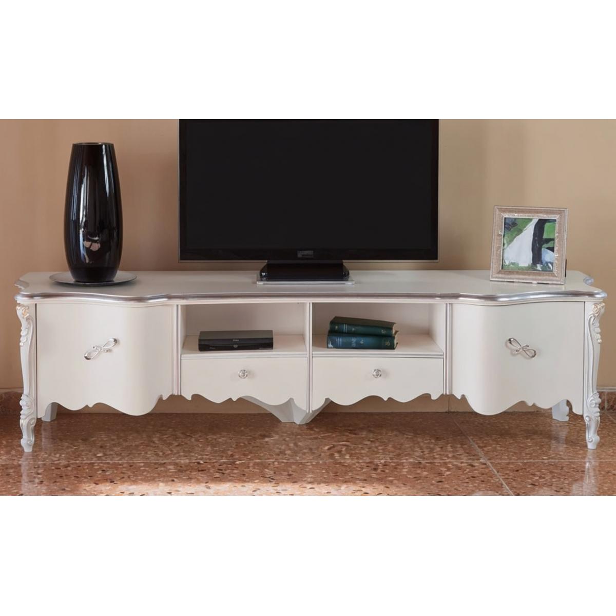 Luxury Ivory Baroque TV Console with Open Shelves Double Drawer & Carved Storage Panels – 245 CM Front View by Luxury Group International