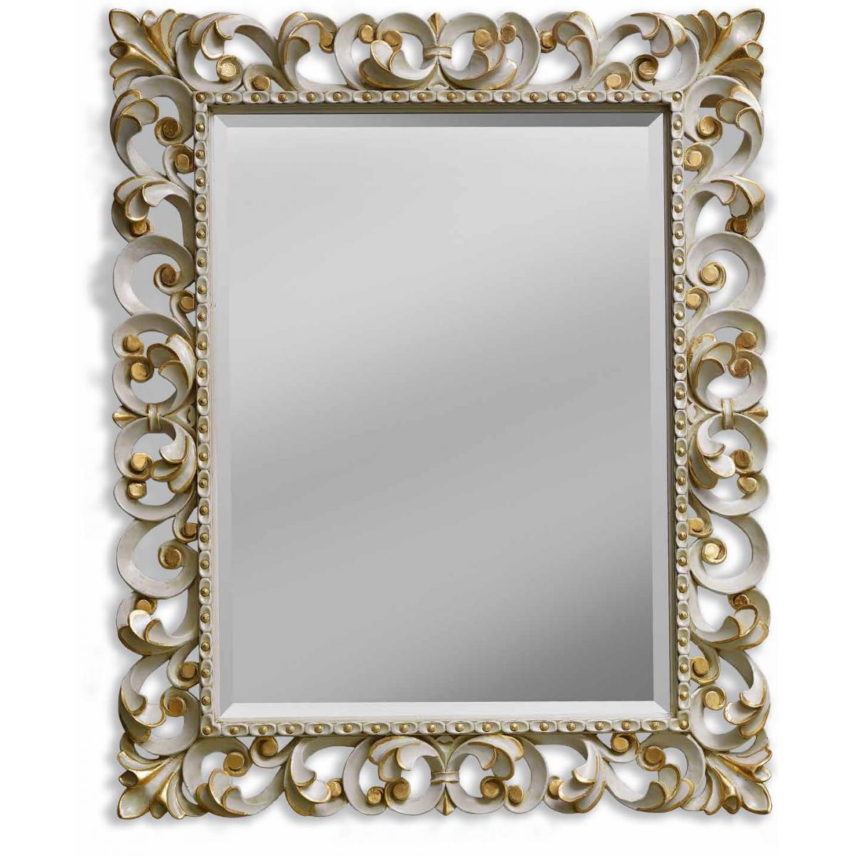 Luxury Ivory Baroque Wall Mirror with Hand-Gilded Scroll Frame and Beaded Inner Trim - Baroque Mirror Front View by Luxury Group International