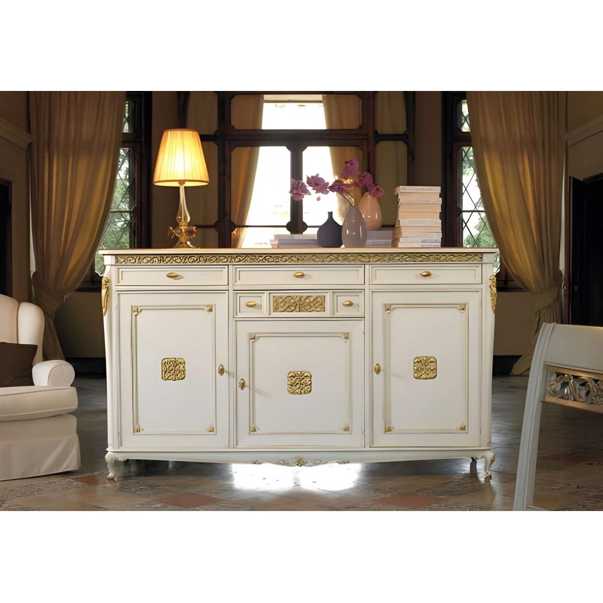 Luxury Ivory Baroque Wooden Dresser with Gold Carved Accents – 3 Doors Cabinet with 5 Drawers Front View by Luxury Group International