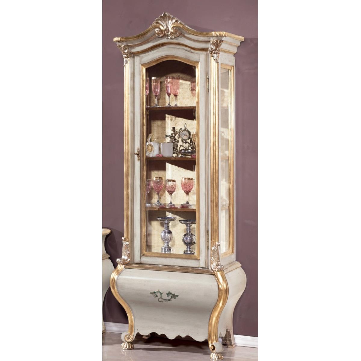 Luxury Ivory & Gold Baroque Glass Display Cabinet with Ornate Crown Crest & Curved Cabriole Base Front View by Luxury Group International