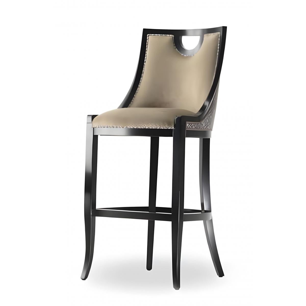 Luxuriöser Barhocker mit elfenbeinfarbenem Polster, skulpturiertem Ebenholzrahmen und architektonischem Rückenlehnen-Detail