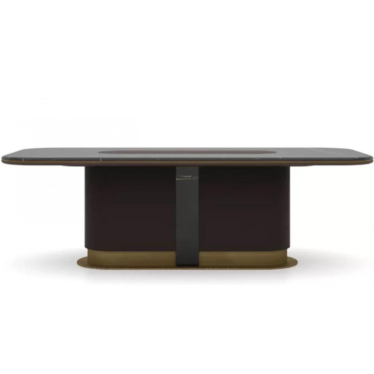 Luxury Marble Top Antique Brass Pedestal Rectangular Dark Brown Wooden Dining Table Side View by Luxury Group International