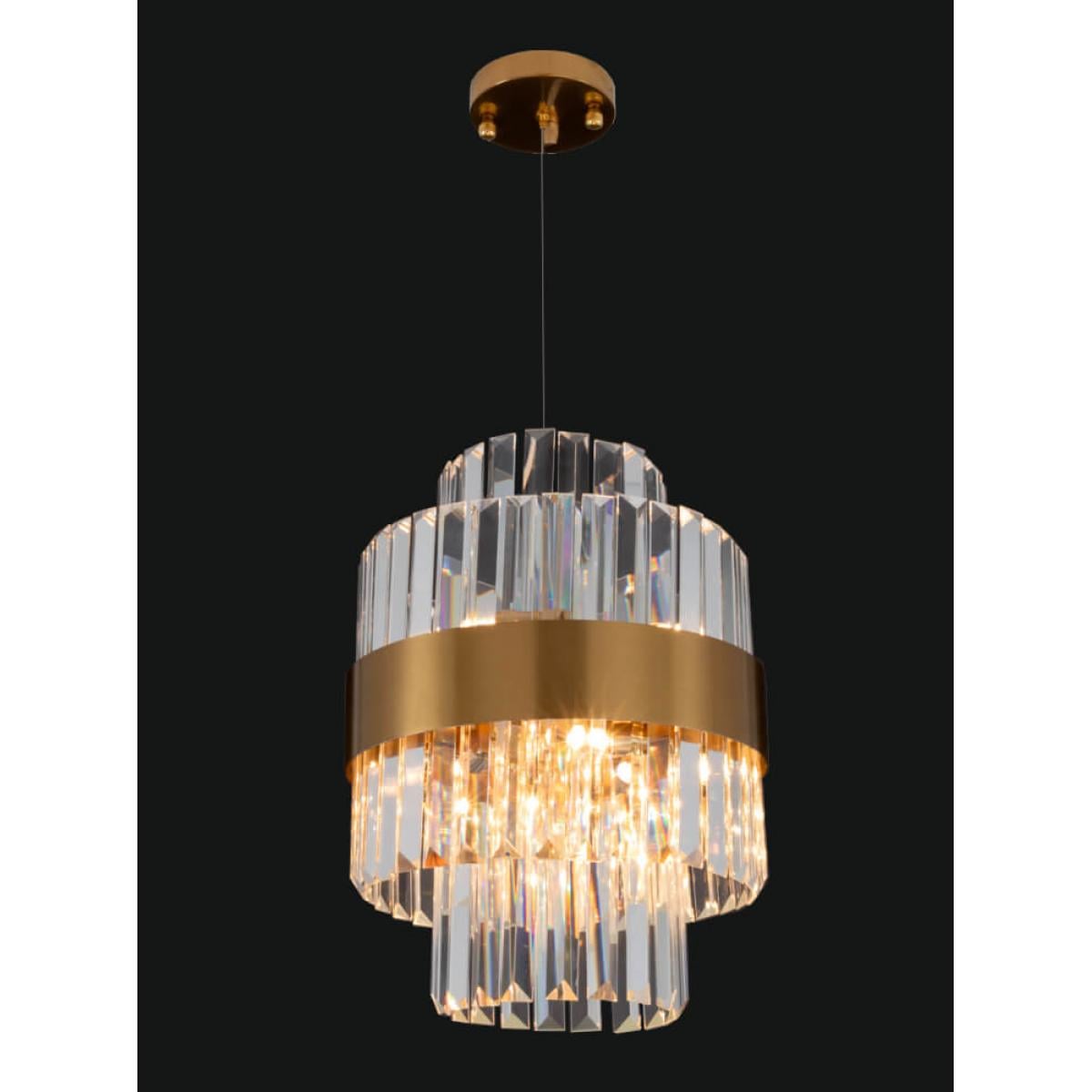 Luxuriöse moderne goldene Band-Kristall-stufige Art-Deco-Prisma-Anhänger-Deckenlampe von Luxury Group International