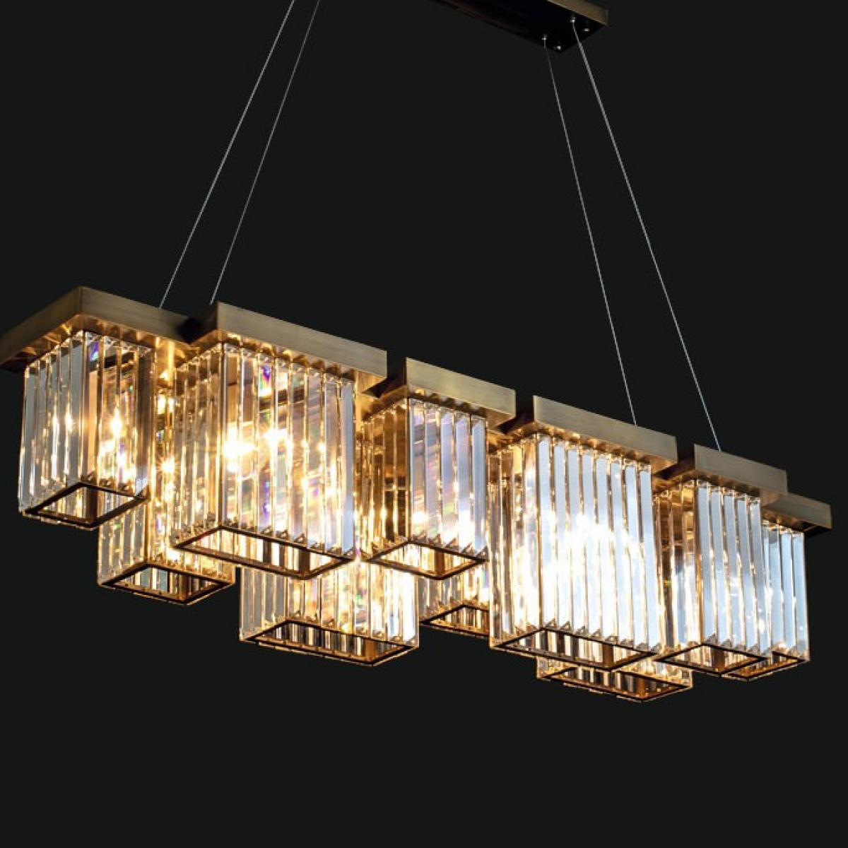 Luxury Modern Linear Rectangular Golden Crystal Chandelier with Multiple Cubic Lights Side View by Luxury Group International