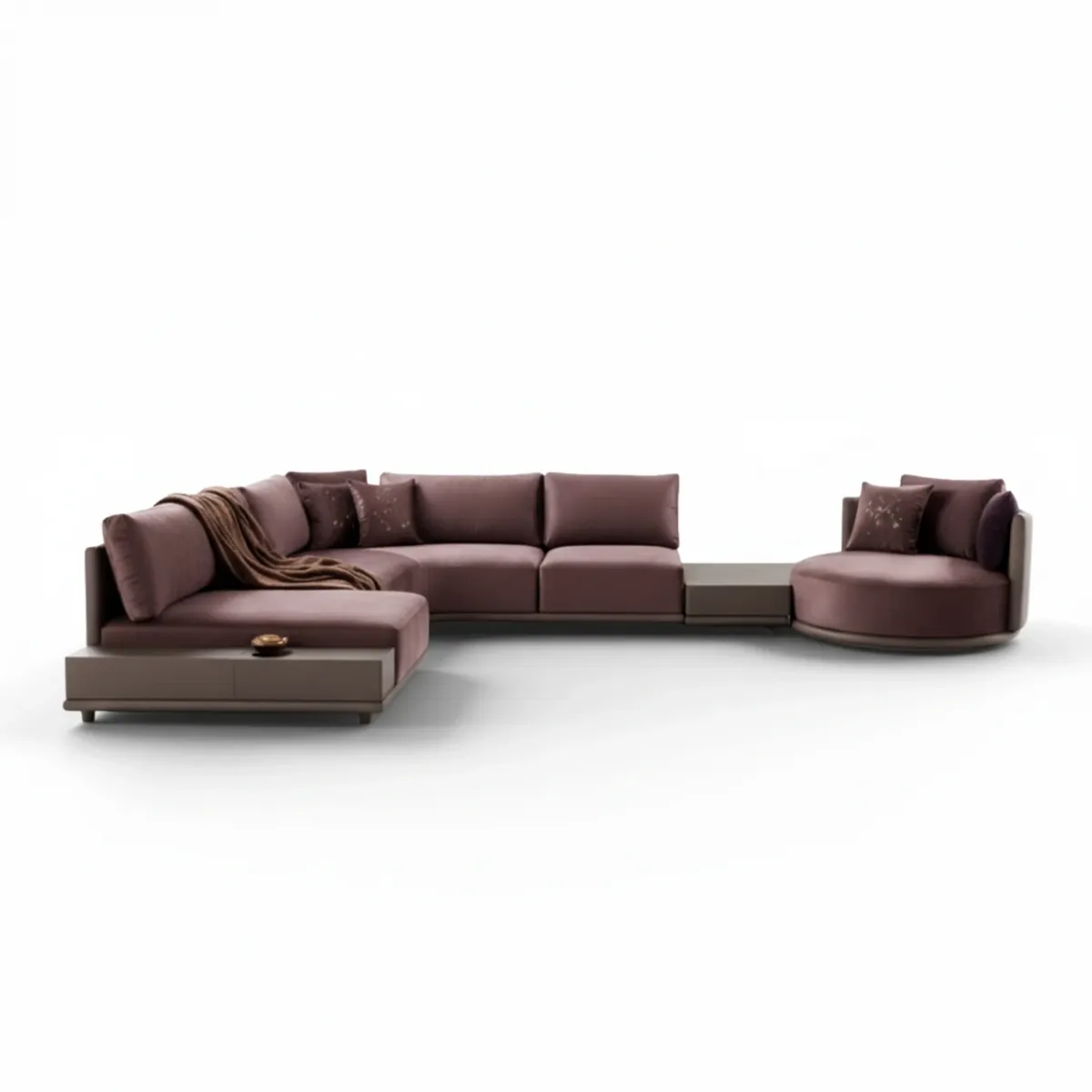 Sofá modular moderno de lujo en tela malva con mesa de centro integrada en marrón oscuro por Luxury Group International