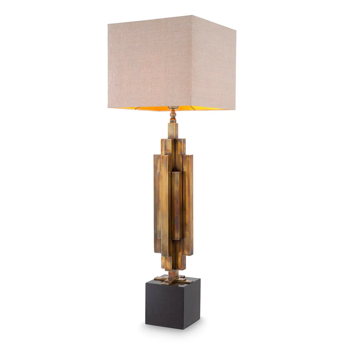 Luxury Modern Table Lamp in Brass- tone Polished Metal with Stacked Column & Beige Shade by Luxury Group International