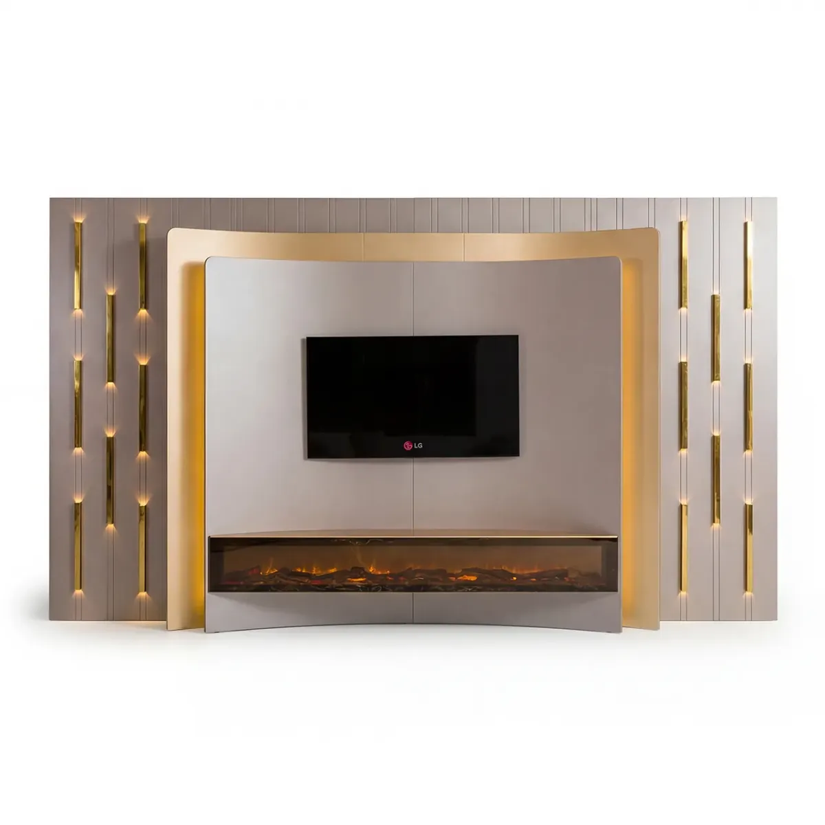 Meuble TV moderne de luxe gris avec fenêtre de cheminée en verre et barres lumineuses dorées par Luxury Group International