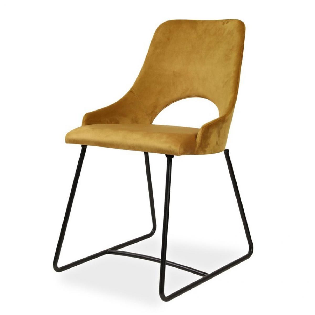 Luxury Mustard Velvet Dining Chair with Sculptural Open-Back Design on Black Sled Base Front View by Luxury Group International