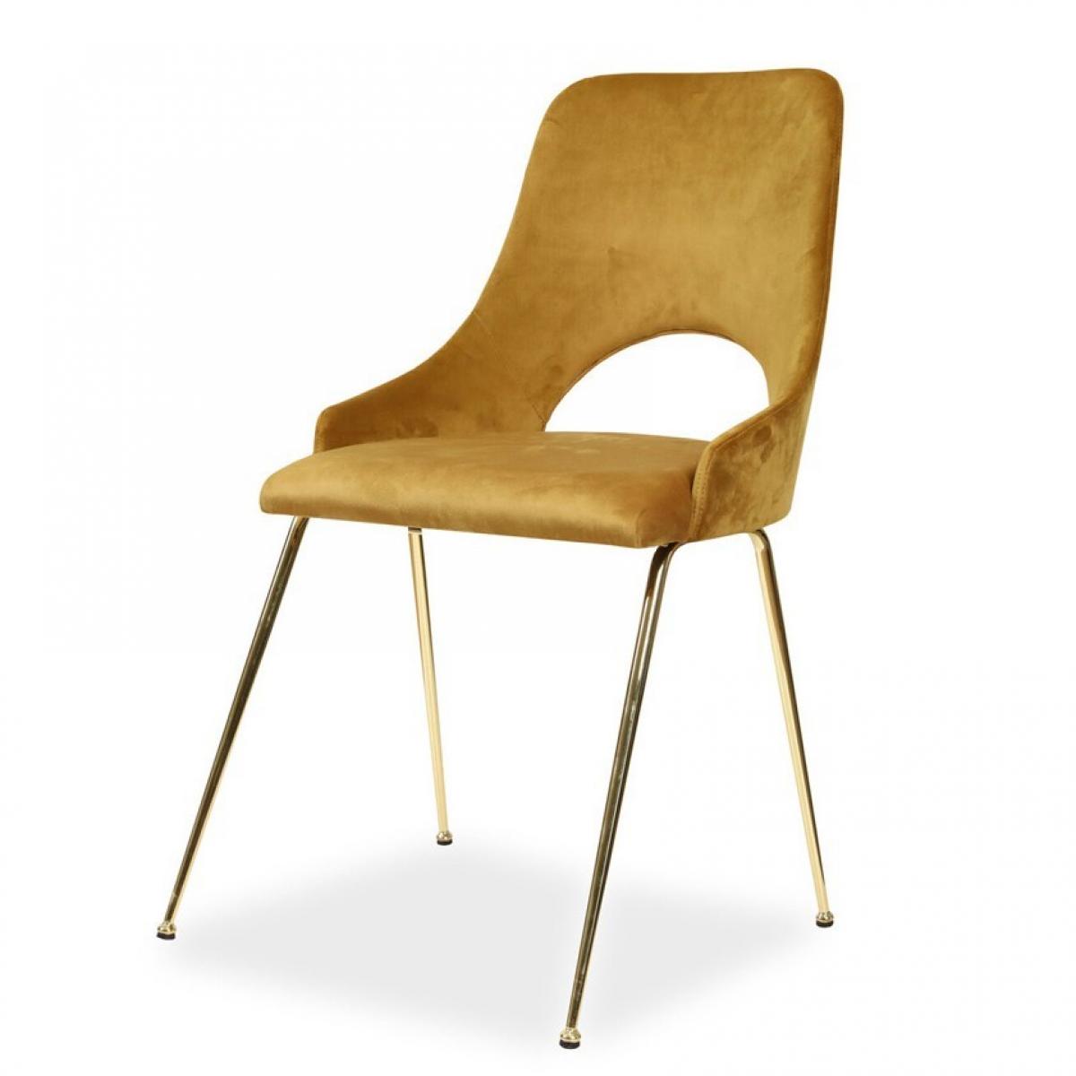 Luxury Mustard Yellow Velvet Dining Armchair with Sculptural Open-Back Design & Gold Metal Legs Front View by Luxury Group International